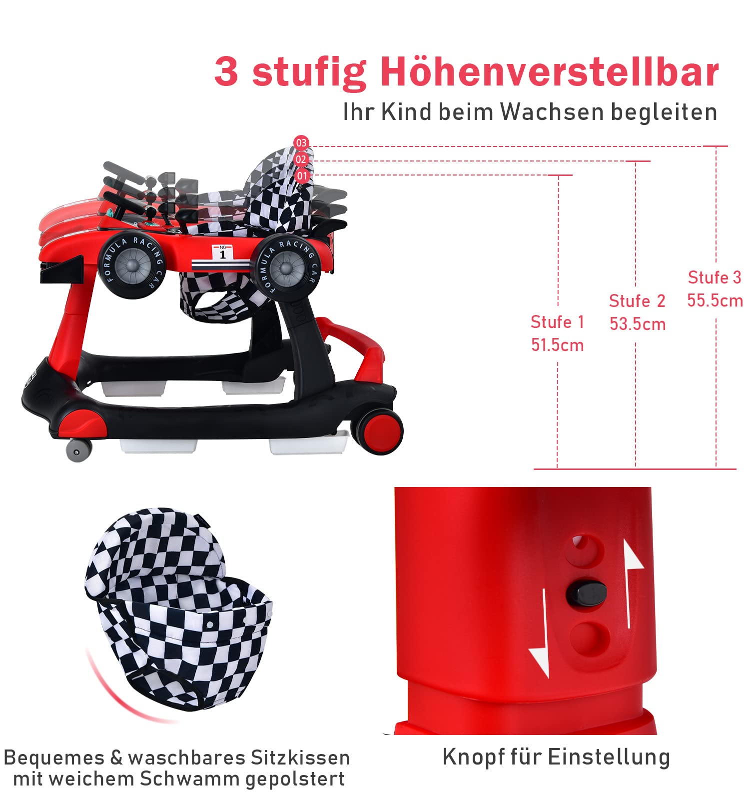 DREAMADE Lauflernhilfe, 4 in 1 Autoförmiger Lauflernwagen mit einstellbarer Geschwindigkeit, Musik & Licht, Babywalker Höhenverstellbar & Klappbar, Gehfrei Baby ab 6 Monate (Rot)