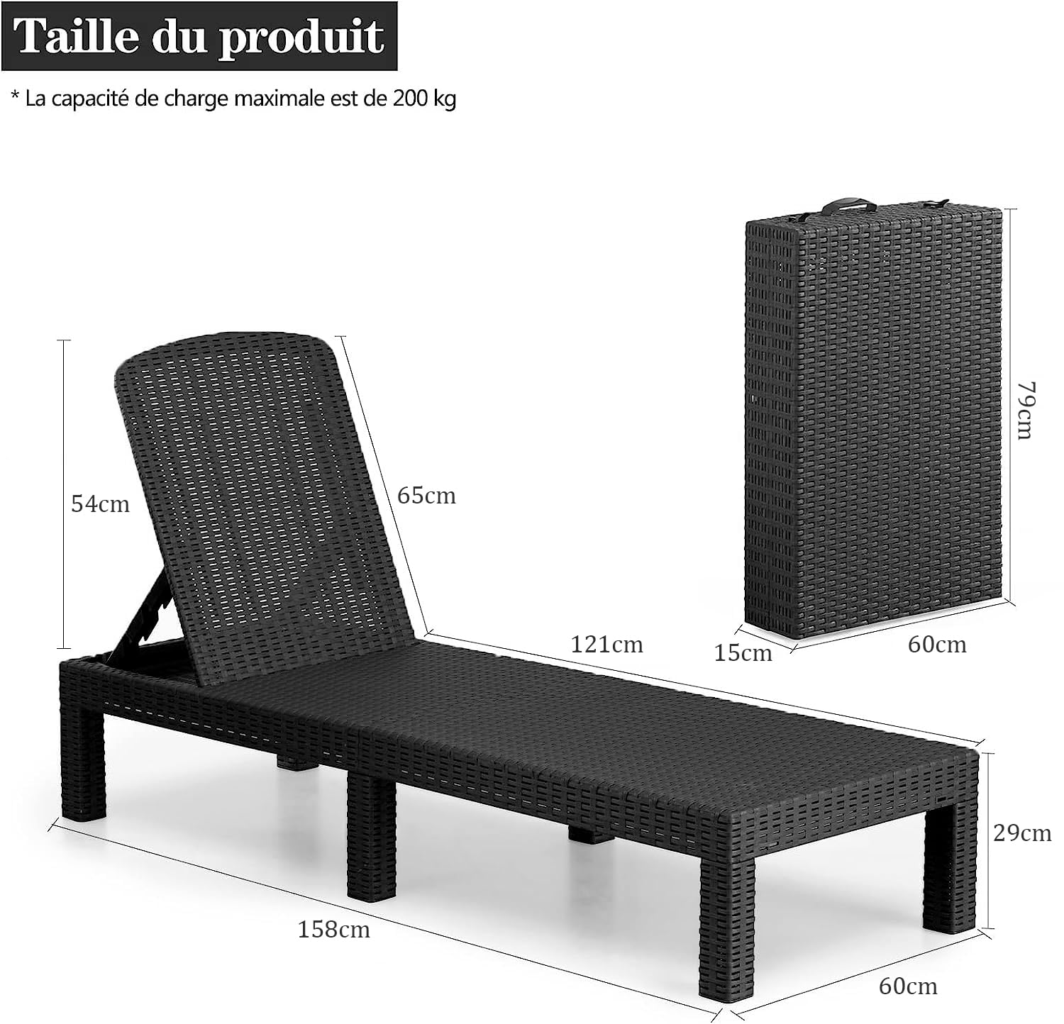 BOLLI Bain de Soleil, Chaise Longue Jardin Exterieur, Résine Imitation rotin tressé, Coussin Confort Inclus, Dossier réglable, Gris Sparkle