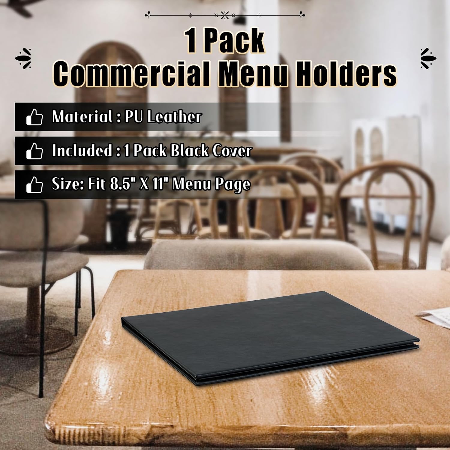 6 Pack Restaurant Menu Covers Holders 8.5" x 11" | Synthetic Leather Triple Fold Panels 4 View Angled Corners Black for Wine List, Drinks (Triple Fold Panels 4 View (8.5 x 11 inch)
