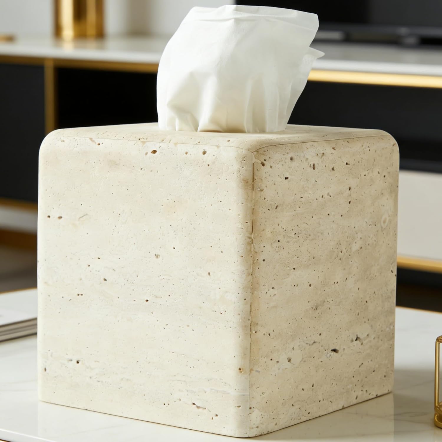 Travertine Tissue Box Cover, Heavy Duty Tissue Box Holder, Modern Nature Stone Square Facial Paper Holder for Kitchen, Living Room, Bedroom Dresser, Toilet Bathroom Accessories 8.81LBS