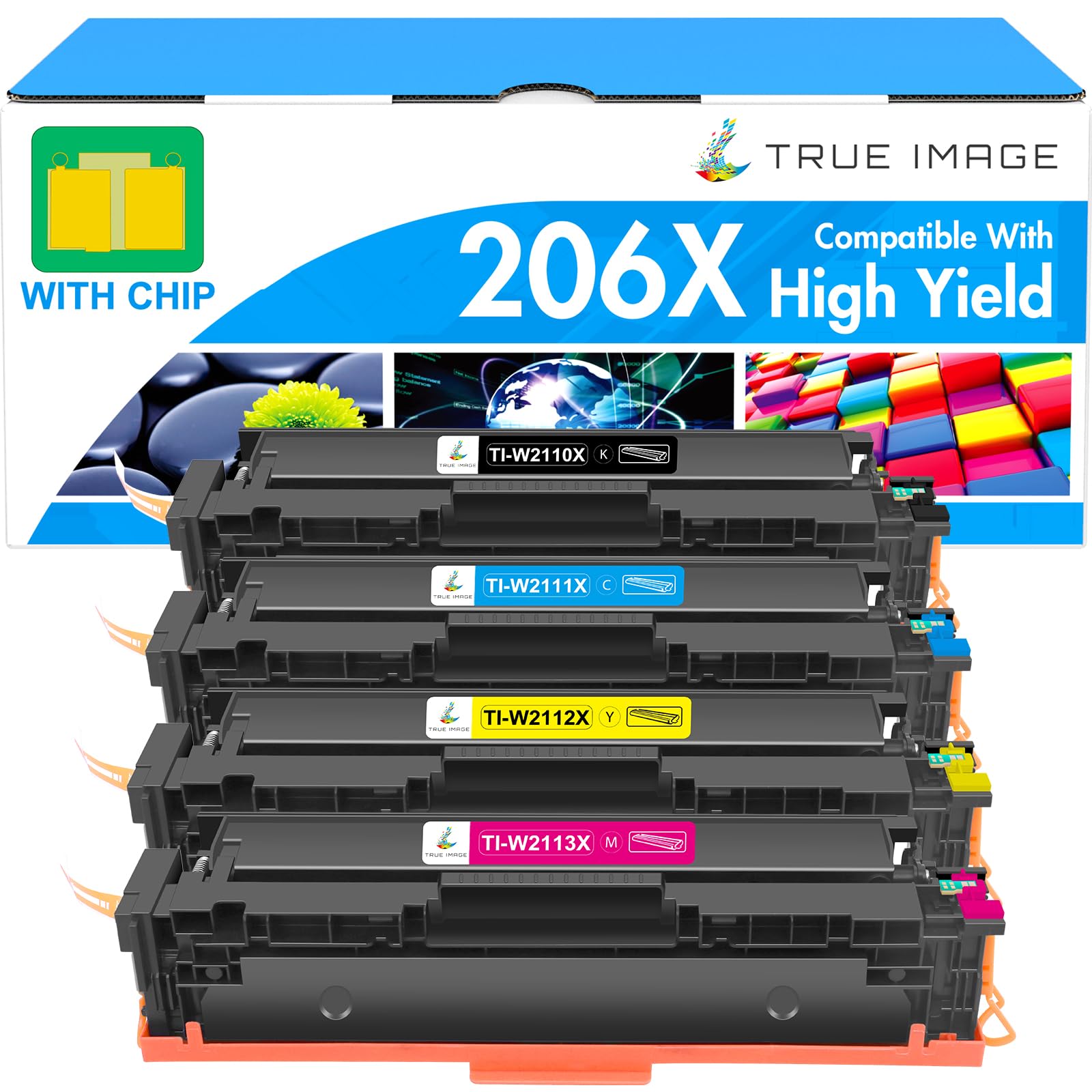 206X Toner Cartridges 4 Pack High Yield: MFP M283cdw M255dw M283fdw 206A 206 Set Compatible Replacement for HP 206X for HP Color LaserJet Pro MFP M283fdw M283cdw M283 Printer Ink (with Chip -B/C/Y/M)