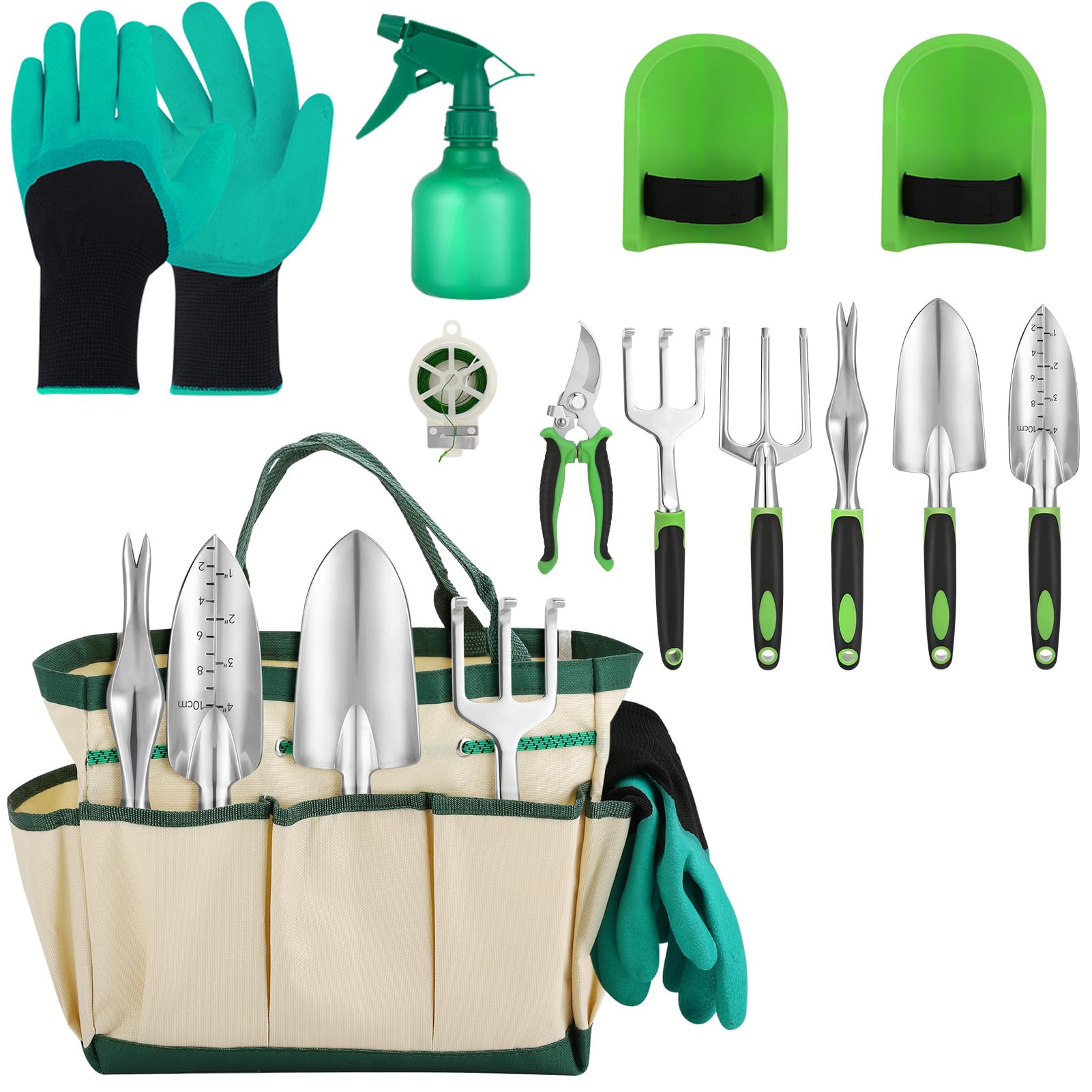 Juego de herramientas de jardín, 11 piezas de acero inoxidable, suministros de jardinería resistentes con mango verde y negro, regalos para mujeres