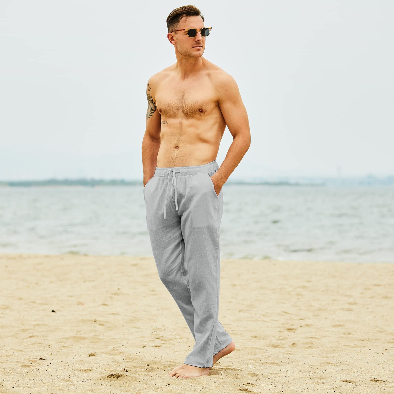 Pantalones de Yoga de Playa de Lino con Cordón para Hombre, Pantalones Largos Casuales Sueltos y Ligeros.