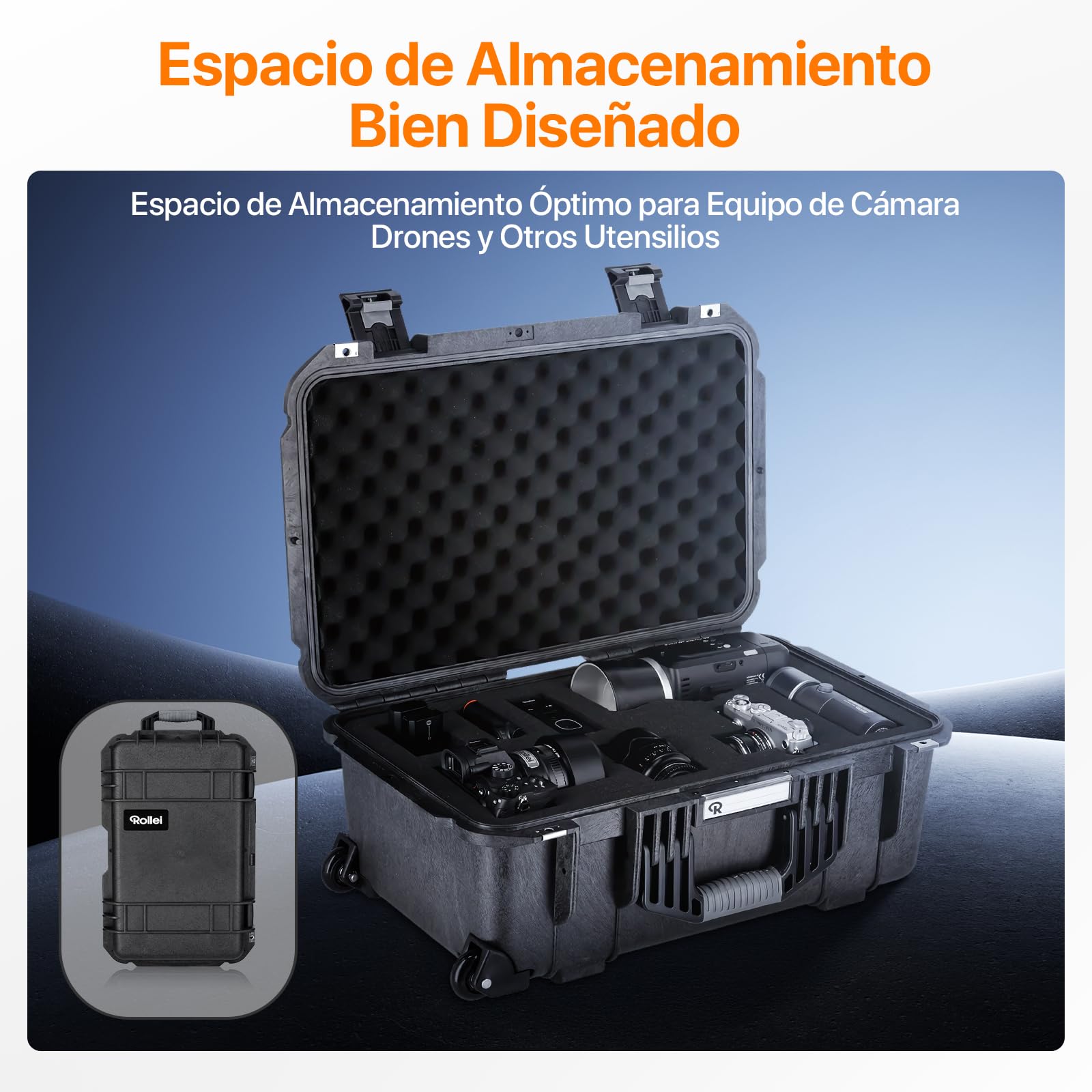 Rollei Maleta para cámara, Extremadamente Robusta, irrompible e Impermeable, Grande, con Ruedas, para Exteriores, regulación automática de la presión y protección antirrobo, maletín para cámara