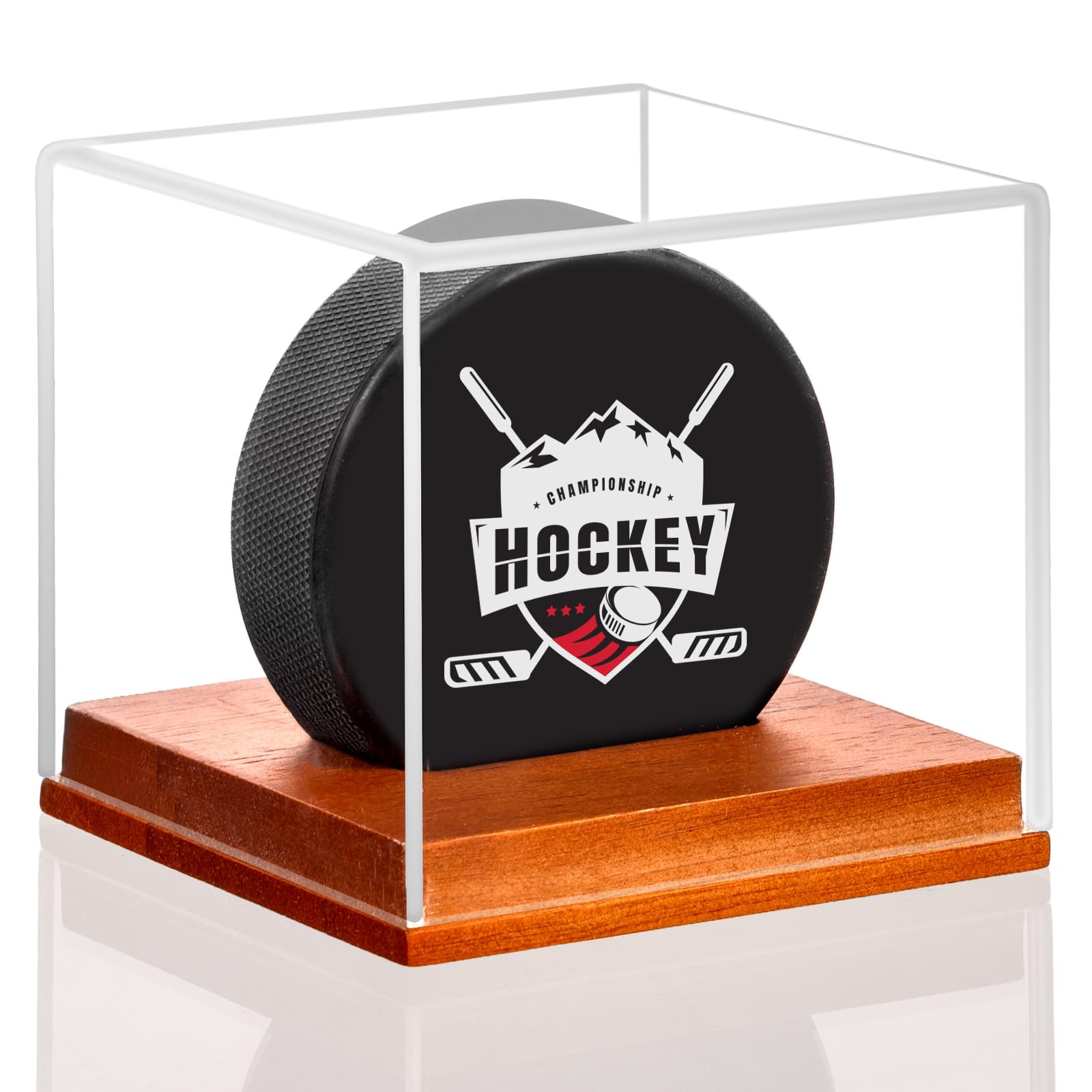 MewVeer Hockey Puck Display Case, Pucks Display Cases with Wooden Base, Acrylic Clear Box - Hockey Memorabilia Storage Holder, for Enthusiasts & Collectors & Fans (1 Pack, Square)