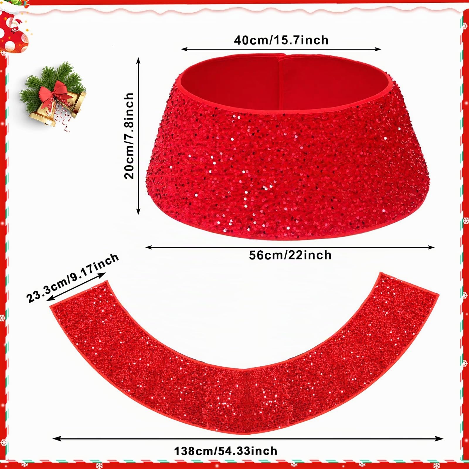 Bekecidi Falda del Árbol de Navidad con Purpurina Roja - Cubierta de la Base del Árbol de Navidad - Anillo Decorativo para Adornos de Fiesta en el Hogar de Vacaciones