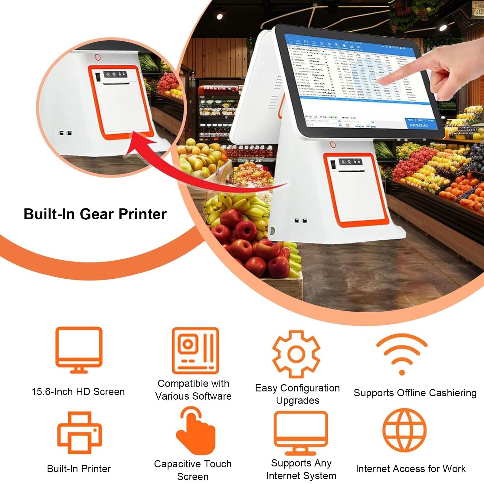 Caisse Enregistreuse Intelligente, Caisse Enregistreuse avec écran Tactile Double écran 15.6 Pouces, Processeur Double cœur, pour la Vente au Détail, la Restauration, l'hôtellerie White-B