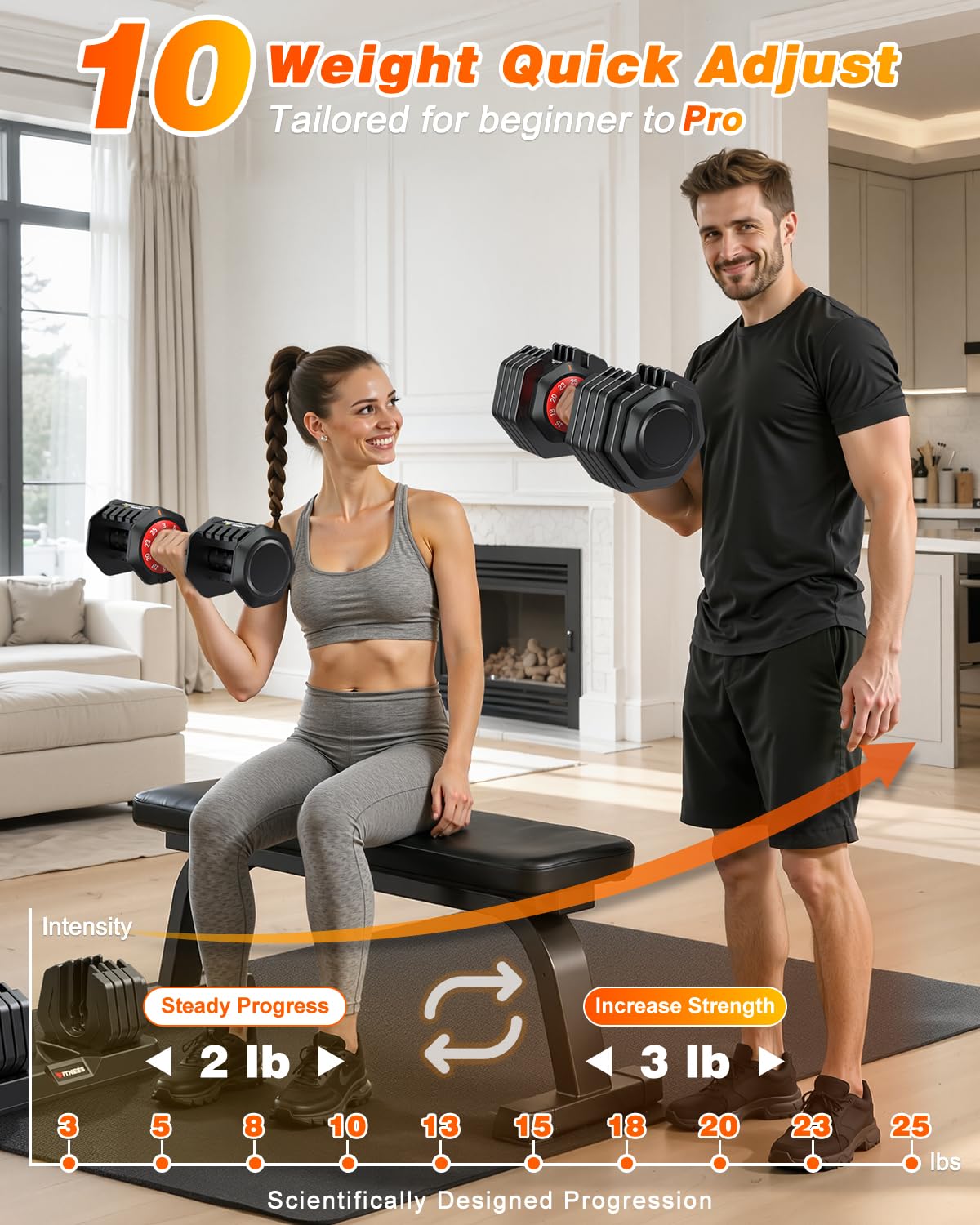 Adjustable Dumbbell Set for Home Gym Strength Training | 25 to 90 lbs, one-hand adjustable, non-slip knurled grip, compact storage, ideal for full-body strength training