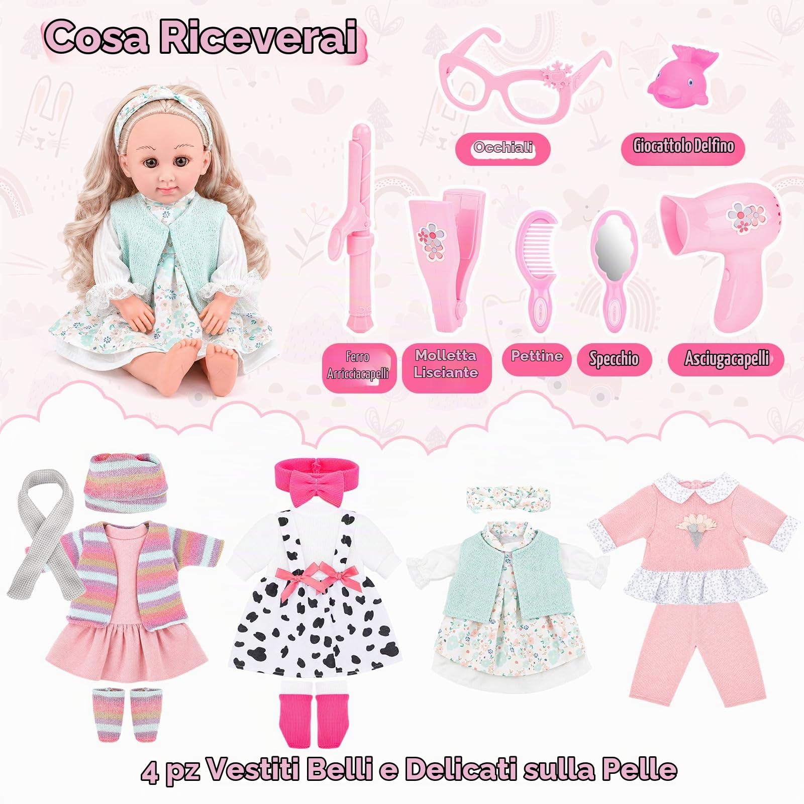 deAO Bambola con Accessori con 4 Vestiti e Kit Parrucchiere