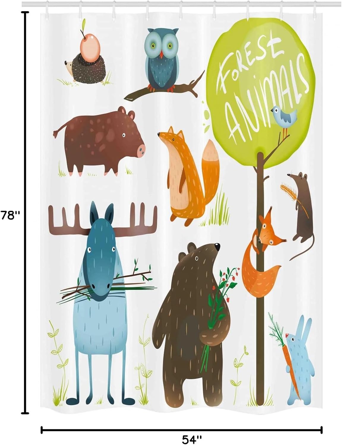 Ambesonne Forest Stall Shower Curtain, Cartoon Style Animals Like Bear and Deer Fox Owl Pig Mouse Squirrel and Rabbit of an Artwork, Fabric Bathroom Decor Set with Hooks, 54" W x 78" L, Yellow Green