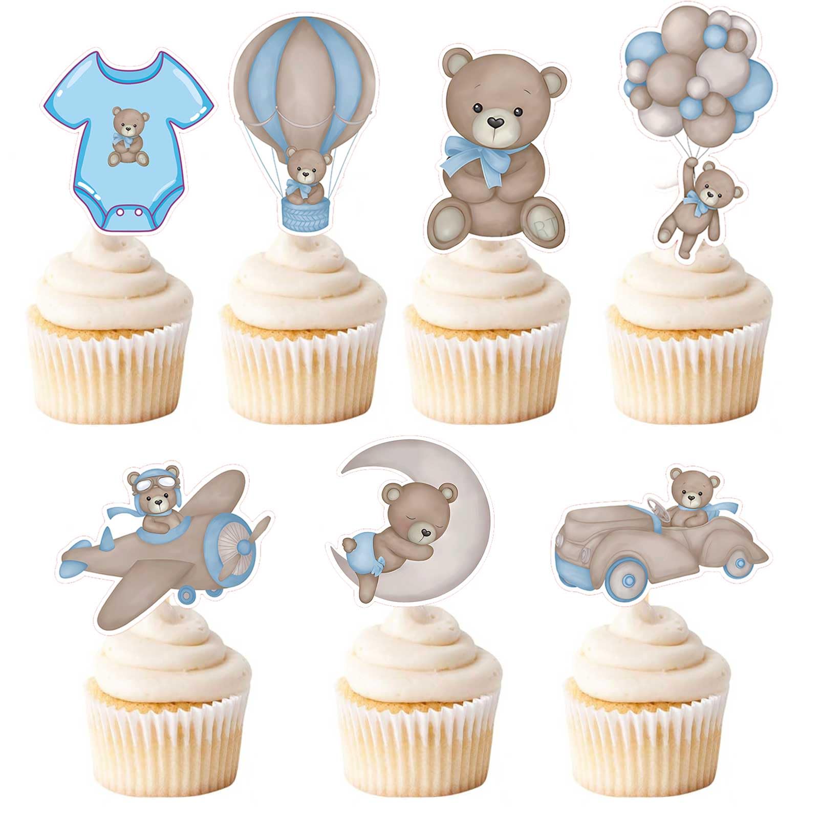24 PCS Bear Cupcake Toppers - Glittery Wooden Picks For Baby Shower, Birthday Party Decor