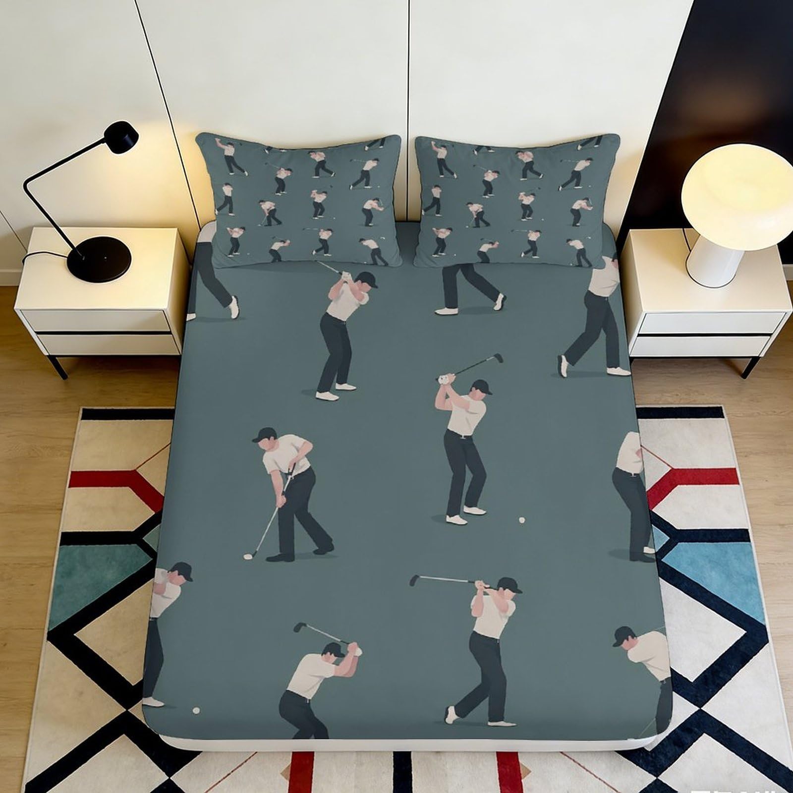 3D Printed Golf Player Fitted Sheet Microfiber Soft Breathable Cartoon Athlete Mattress Cover for Bedroom Guest Room Decor 90x200x25cm
