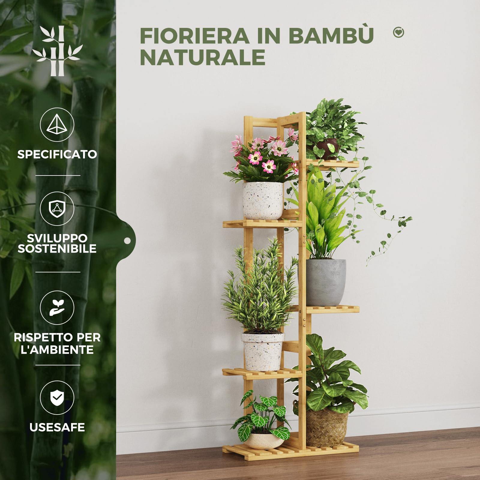 Supporto pieghevole per piante in bambù a 4 livelli, scaffale multifunzionale per vasi da fiori, mensola pieghevole per casa, patio, balcone, giardino, grigio, 100 cm