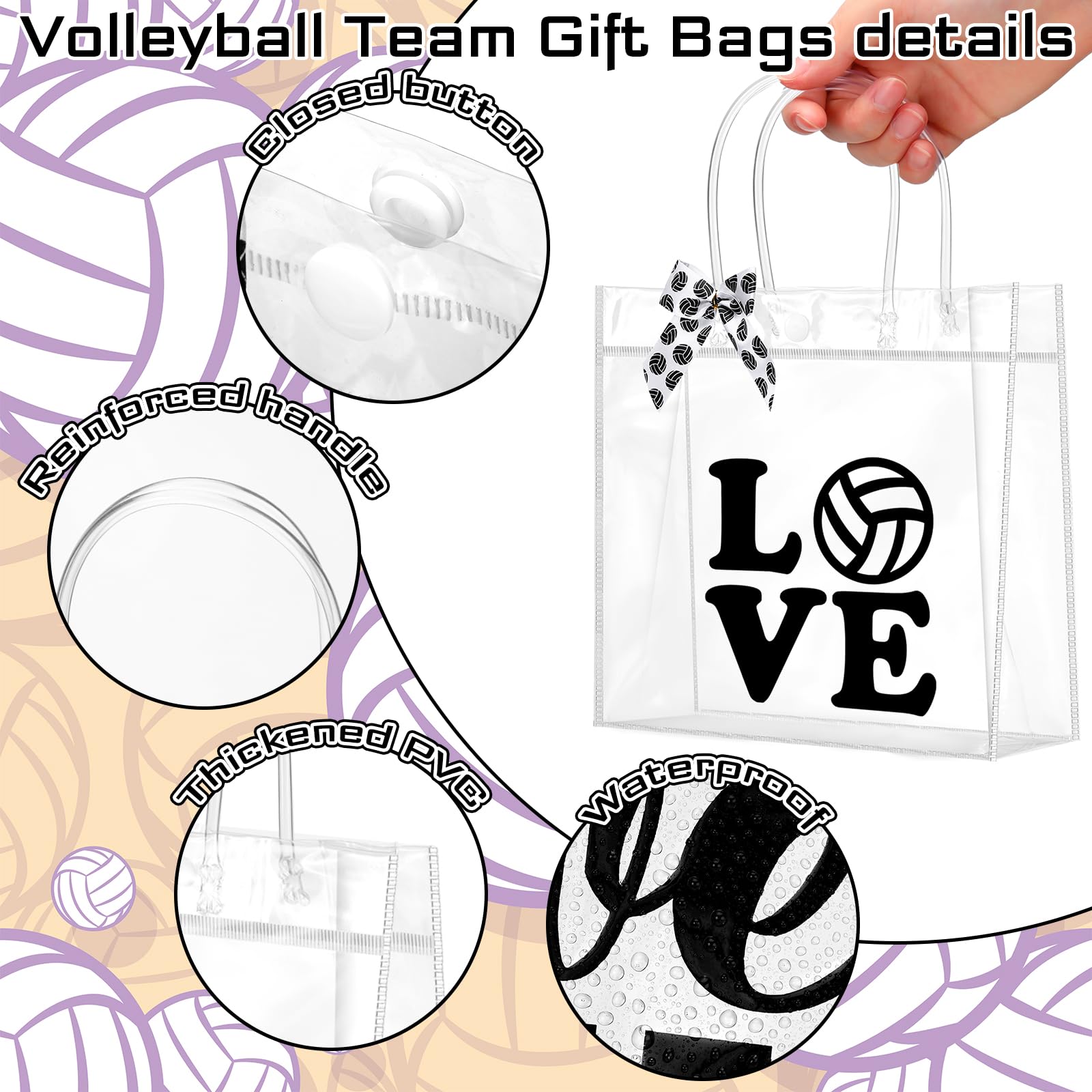 Vicenpal 12 Sets Clear Volleyball Gift Bag with Handles 12 Pcs Bows PVC Plastic Volleyball Treat Goodie Snack Bags 7.9 x 7.9 x 3.1'' Sport Theme Party Favors for Birthday Holiday Sports Team Gifts