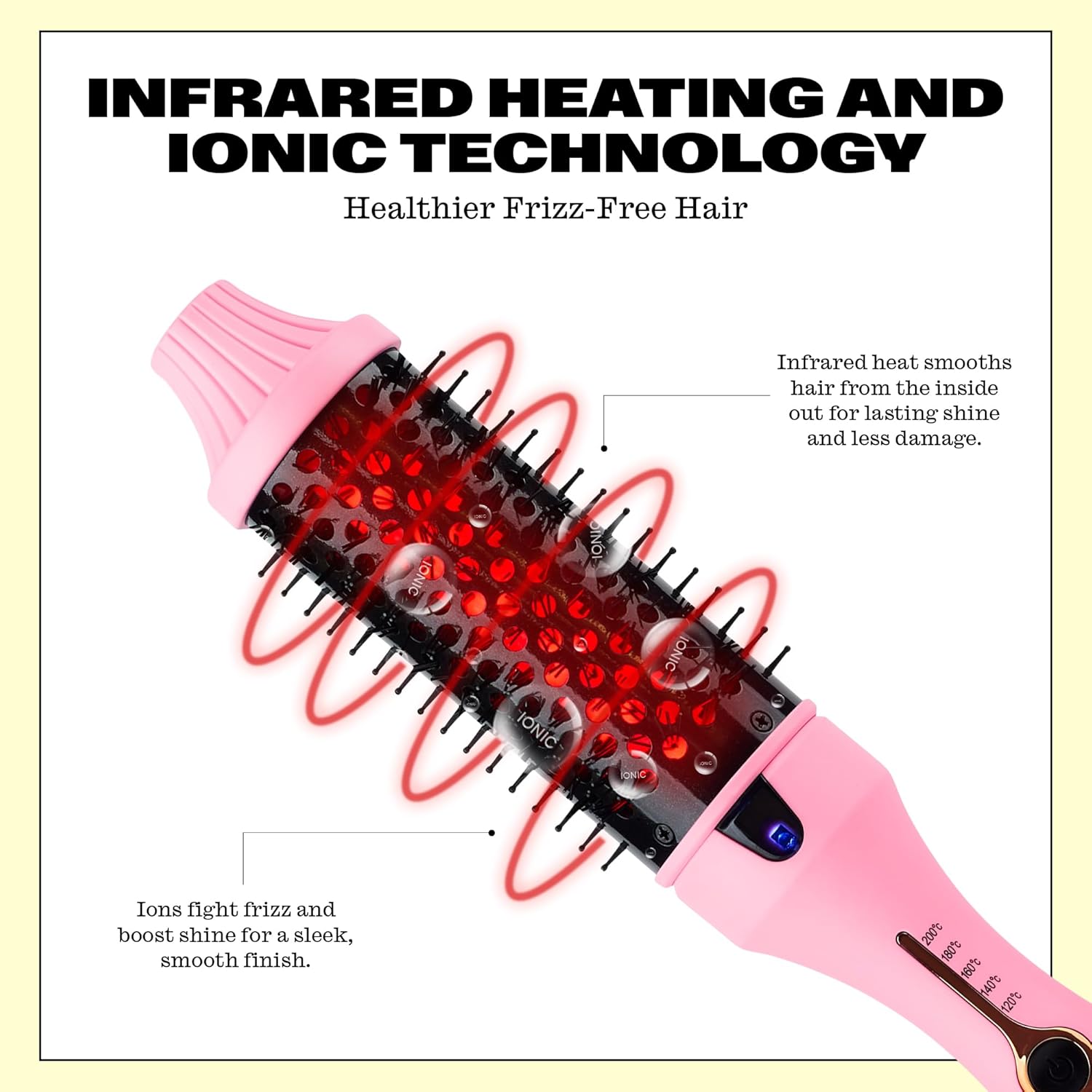 Trademark Beauty Infrared Ionic Thermal Styling Brush Hot Rod - Hair Brush with Round 1.5 Inch Barrel - Frizz Control & Shine - Volumizing Hot Brush for Straight or Curly Hair - Pink