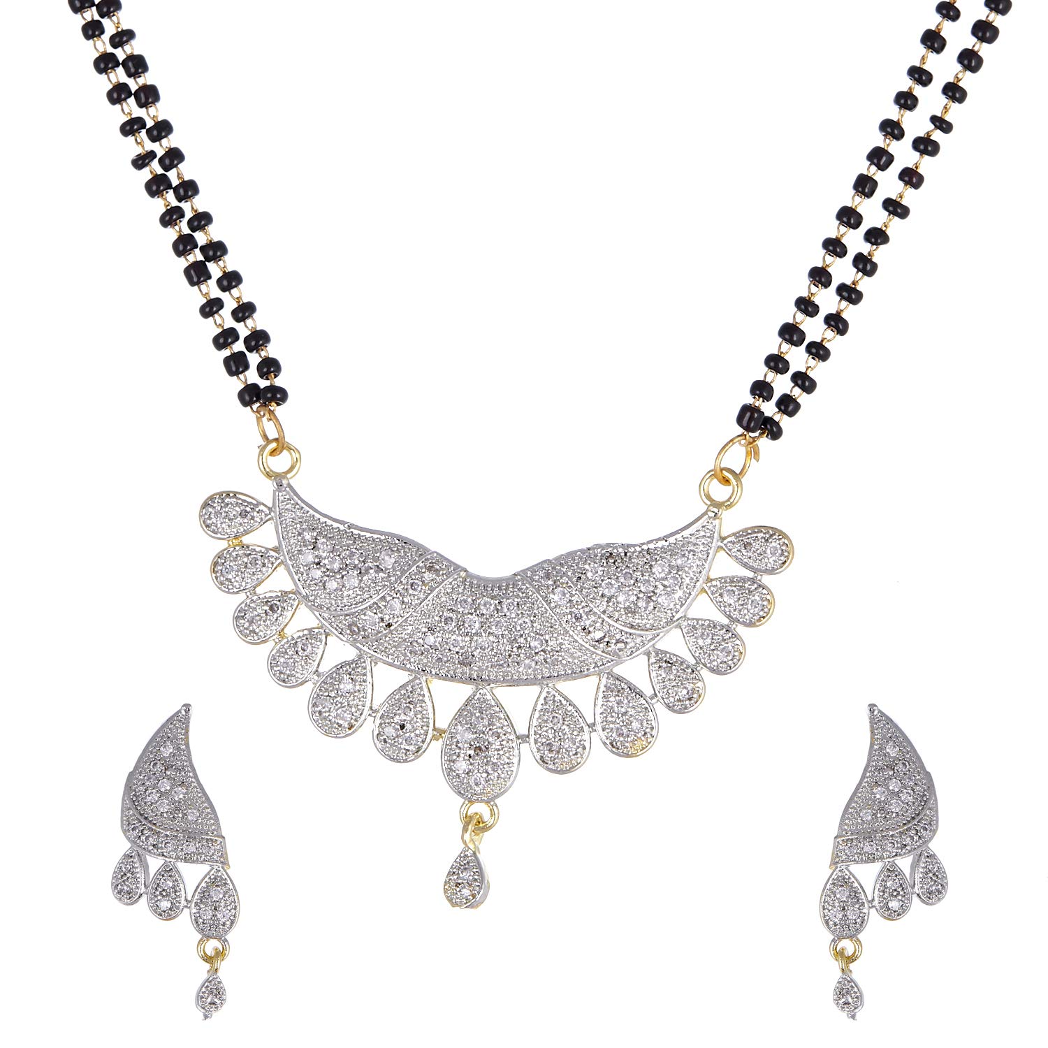 Zeneme Mangalsutra Cz Studded Tanmaniya Nallapusalu Pendant With Earrings And Black Bead Chain For Women