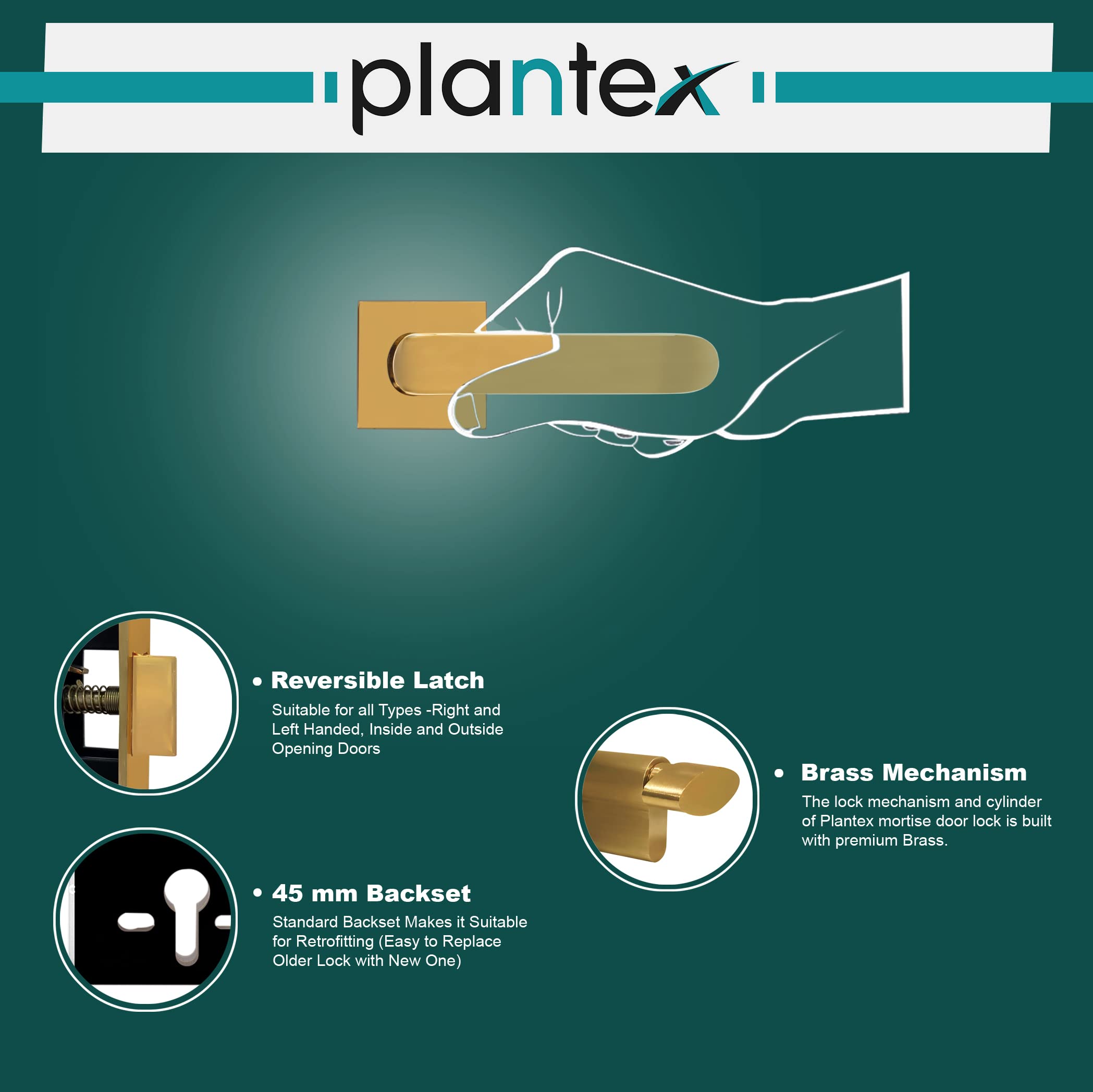 Plantex Triple Security Door Lock for Home/Main Door Lock Set with 3 Years of Warranty/Mortise Lock for Door with Brass Lock Body & Cylinder (7110 - Gold Finish) — Amazon image 7
