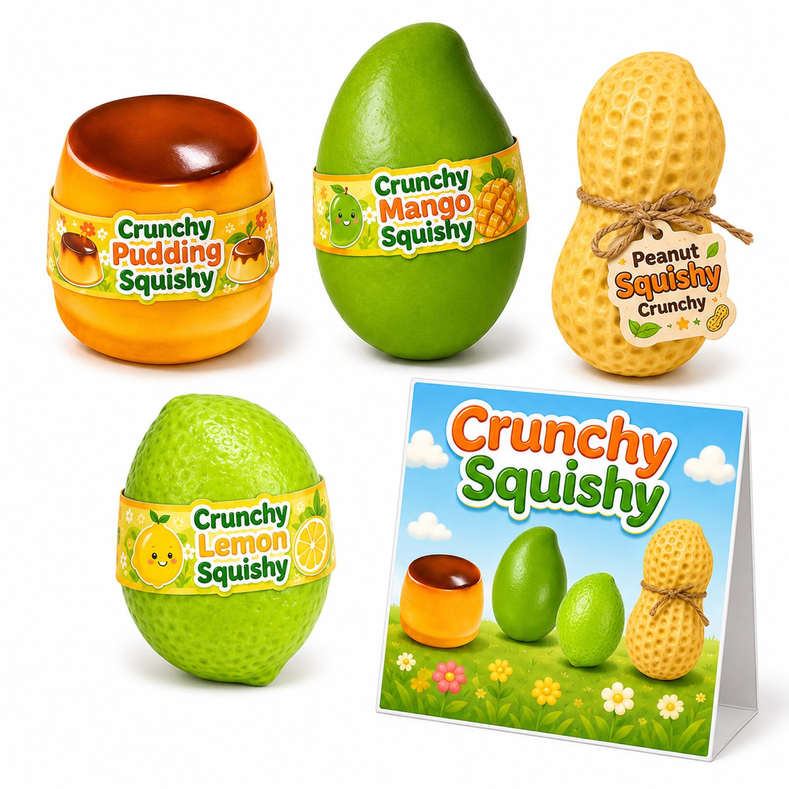 OKESYO 4PCS Crunchy Squishy Peanut Mango Soap Potato Pudding Stress Ball, ASMR Bead Filled, Slow Rising Squeeze Realistic Food Shape Squishies, Gifts for Adults
