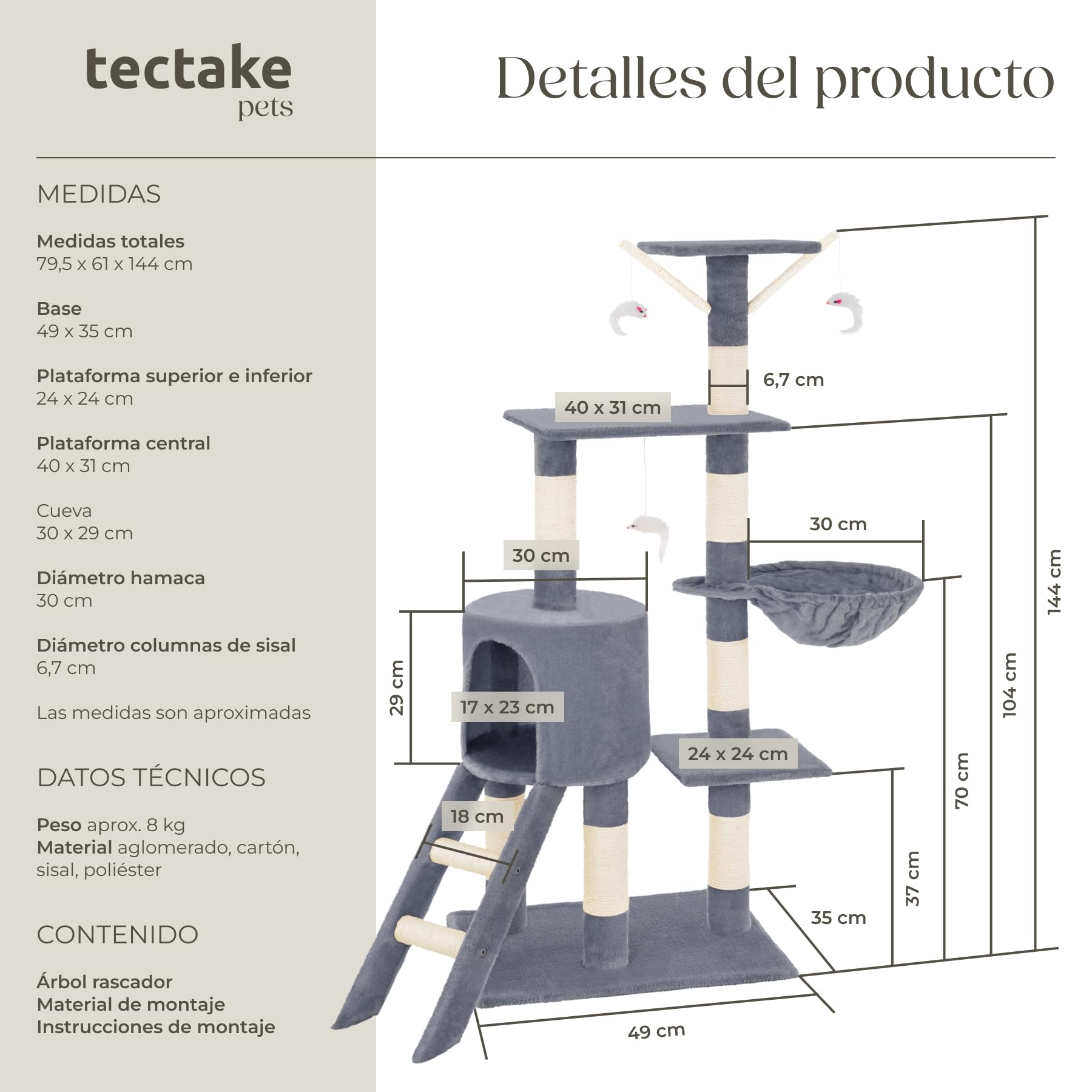 tectake® Arbol Rascador para Gatos, Rascador 144cm, Caseta, Varias Alturas, 3 Ratones de Juguete, Nido, Protección Antivuelco, Estructura Robusta, Rascador Gato - Gris
