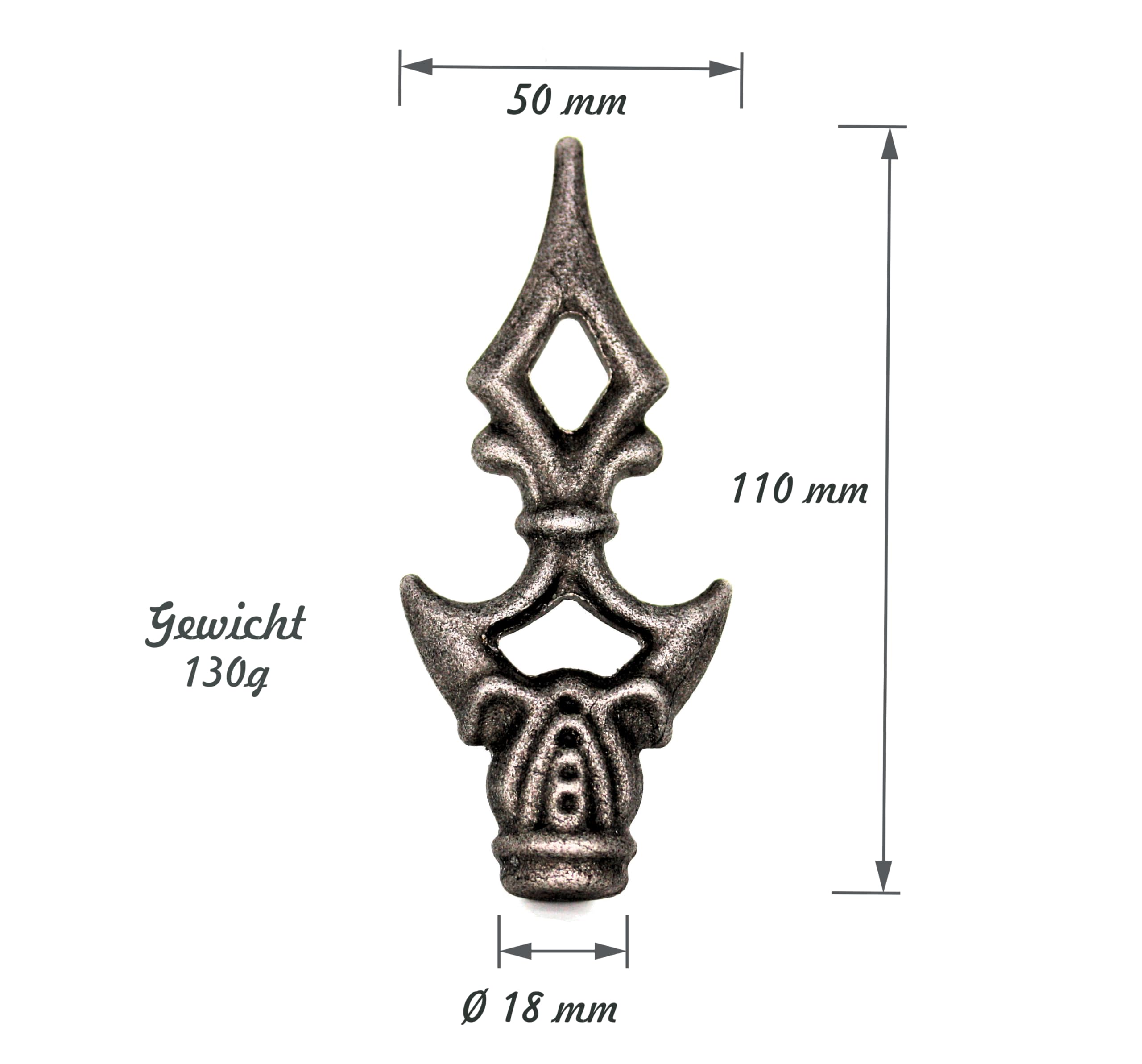 Punta de valla de hierro forjado, 10 piezas forjadas de acero, punta decorativa rústica de hierro, punta de metal, punta de lanza (130x55mm, 10 uds., diámetro de acoplamiento Ø12mm)