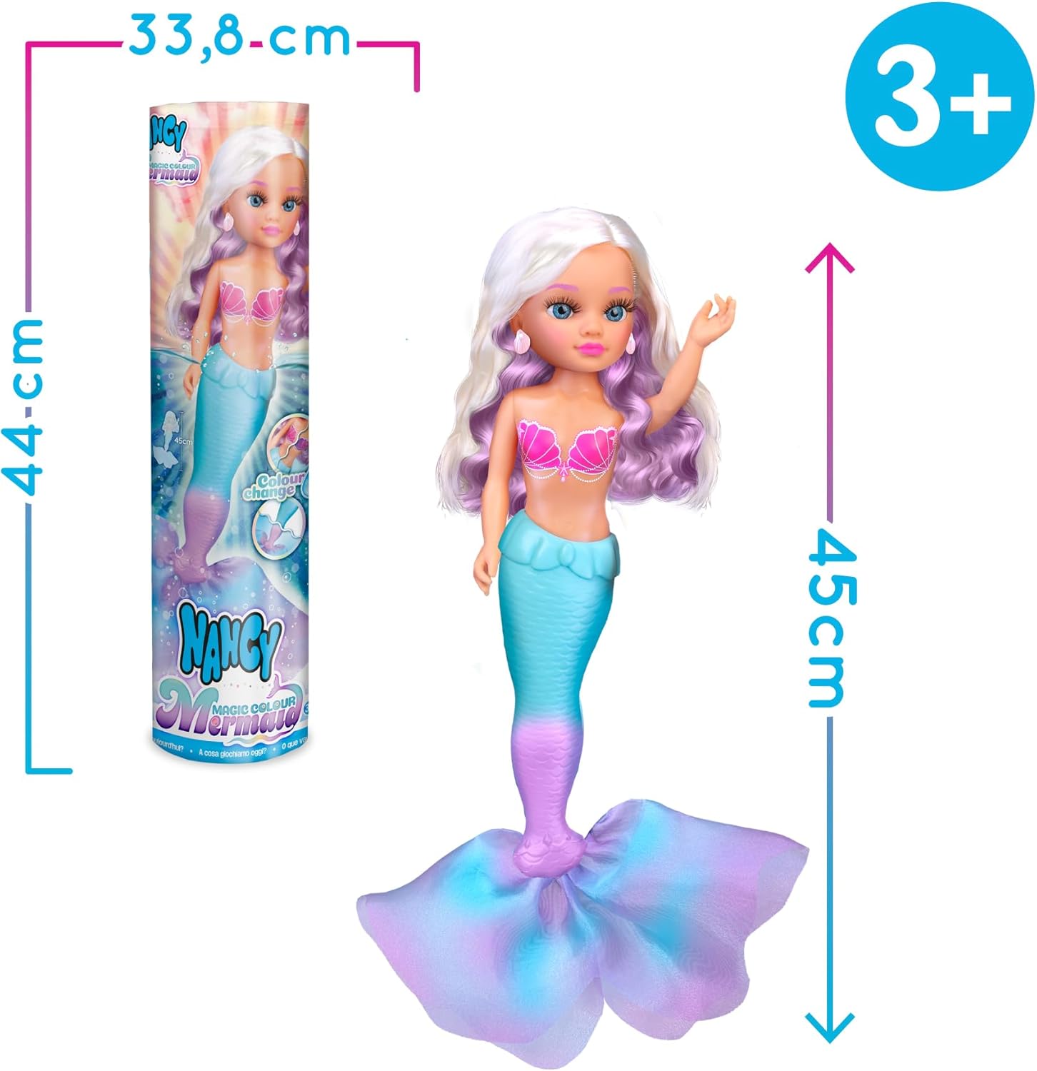 Nancy Magic Colour Mermaid 100% Mermaid Doll, Tail and Bikini Change Color with Water, Blonde Mane with Purple Wicks and Shell Earrings, Ages 3, Famous (NAC86000)