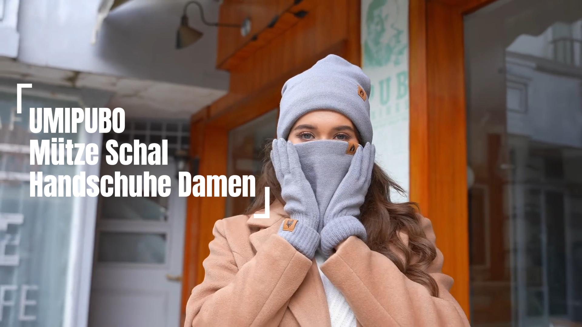 UMIPUBO Mütze Schal Handschuhe Damen Winter Set Wintermütze Fleece Gefütterte Beanie Loop Schlauchschal Wärmer Touchscreen Plüsch Ohrenwärmer Verdickte Ohrenschützer Socken-5 Stück Set,Grau Fashion