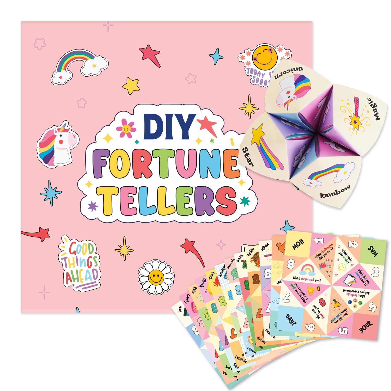 BOYESE DIY Paper Kit, 24 Fortune Teller Designs & Stickers, Kit Includes 12 Completed, 6 Blank and 6 Color-in Folding Fortune Teller, Stocking Stuffers for Kids