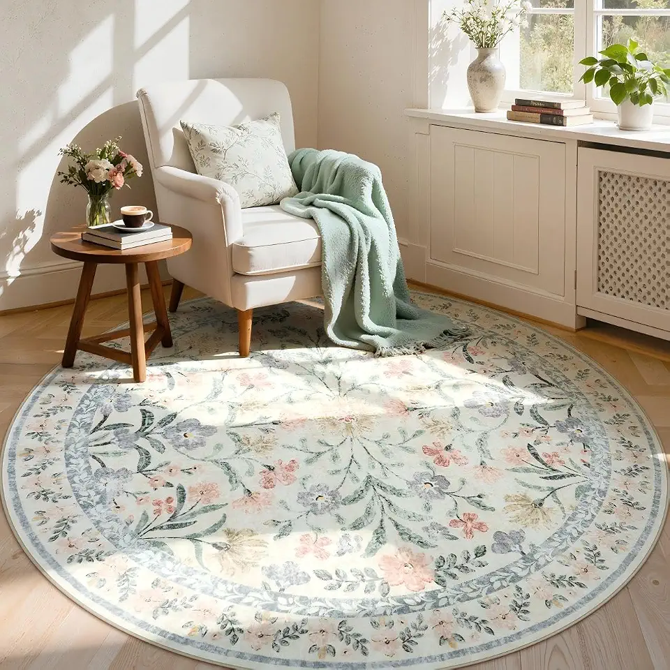 Lahome Tapete redondo de 1,8 m bege floral, tapete de berçário com estampa de flores delicadas, lavável na máquina para quarto, tapete circular antiderrapante para uma decoração aconchegante de