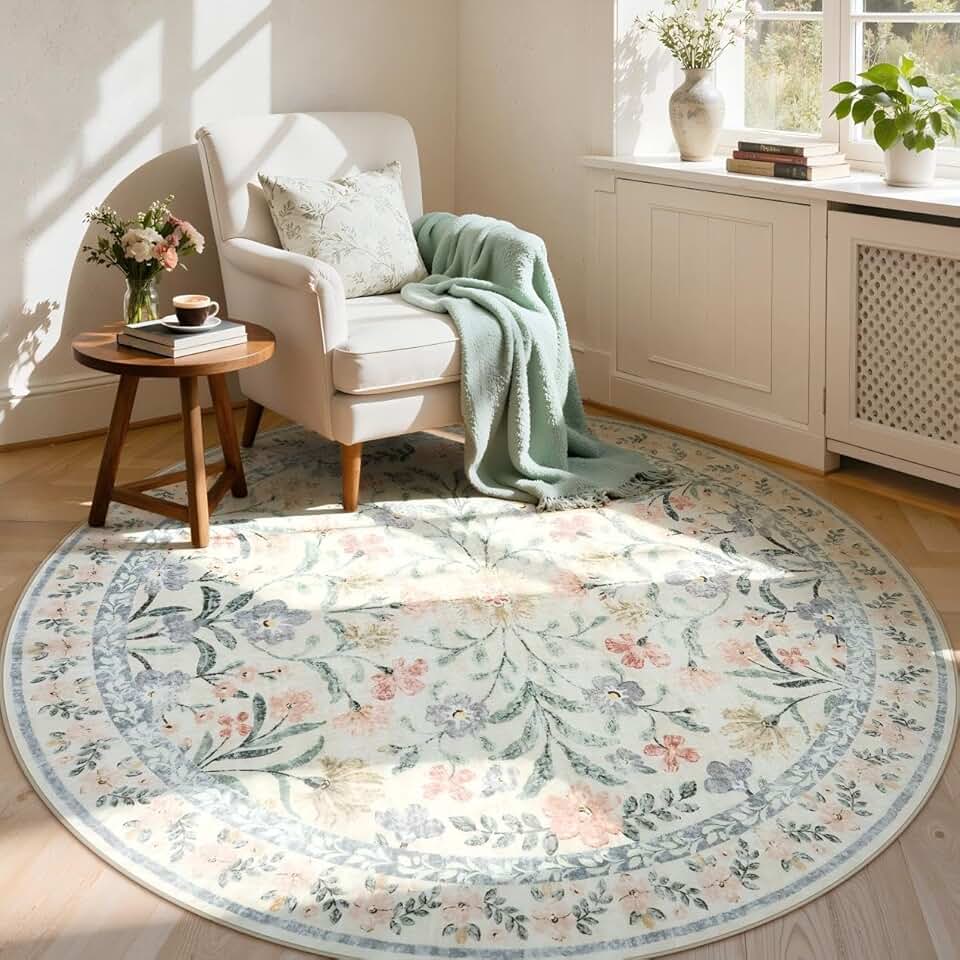 Lahome Tapete redondo de 1,8 m bege floral, tapete de berçário com estampa de flores delicadas, lavável na máquina para quarto, tapete circular antiderrapante para uma decoração aconchegante de