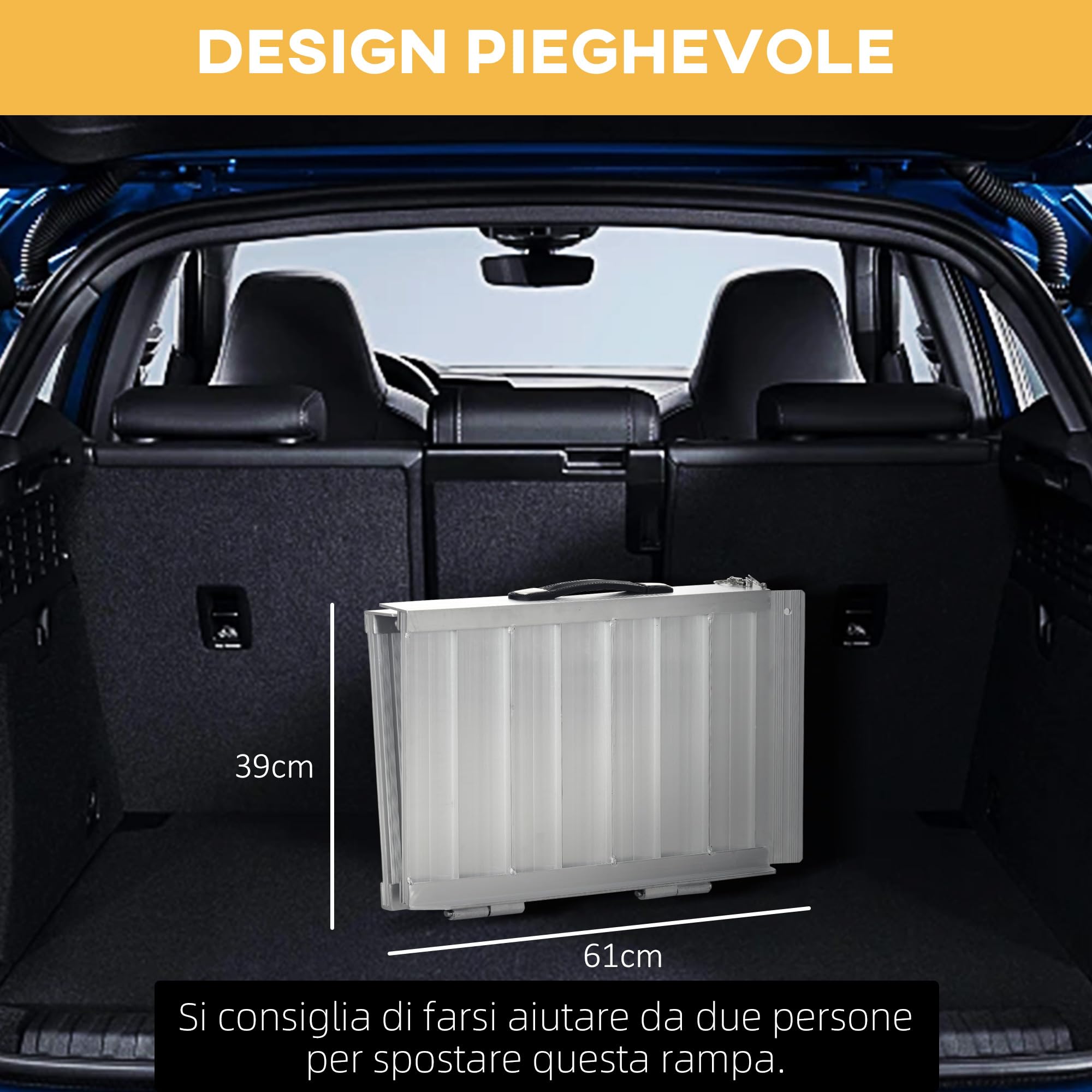 HOMCOM Rampa per Sedia a Rotelle Pieghevole con Guide Laterali e Design Doppio, Rampa per Disabili in Lega di Alluminio, 61x72 cm, Argento e Nero