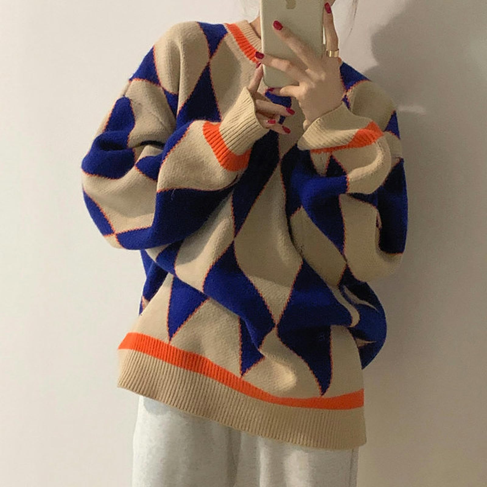 Weiting Women's Blue Pullovers Jumper Argyle Knitted Sweaters Vintage Sweaters Loose Tops College Style Streetwear Casual Winter Mujer-Navy -M