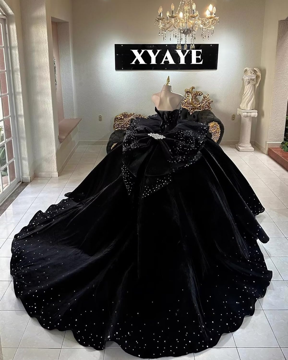 XYAYE Sparkly Velvet Quinceanera Dresses with Bow Strapless Crystal Sweet 16 Dress Puffy Layered Ball Gown