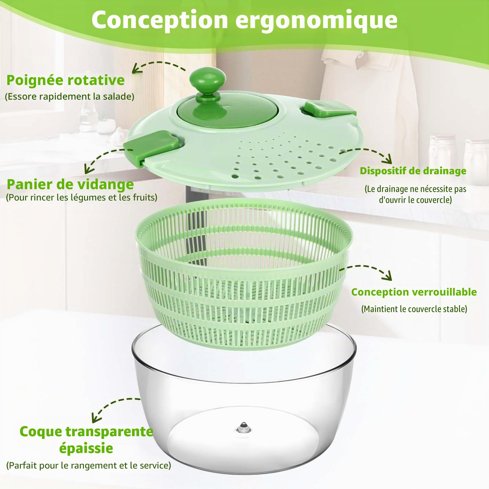 Essoreuse à Salade, 4 litres, ø 25 cm, sans BPA | Essorage de Salade, Plastique de Haute qualité, Essoreuse Salade avec couvercle et bec verseur pour Laver