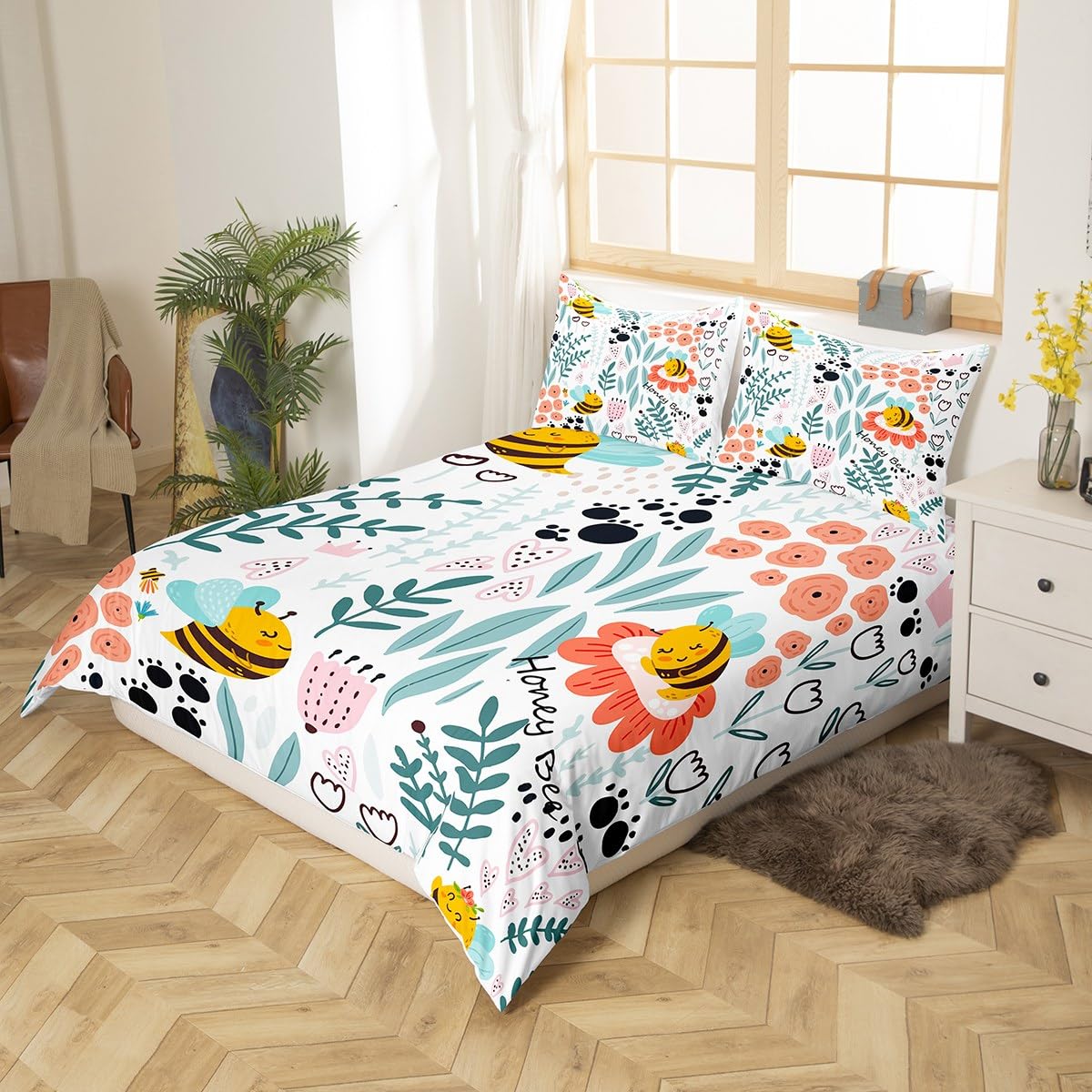 Erosebridal Spannbettlaken-Set Doppelbett – Honigbienen-Motiv, Gelb/weiß, Weiche Mikrofaser