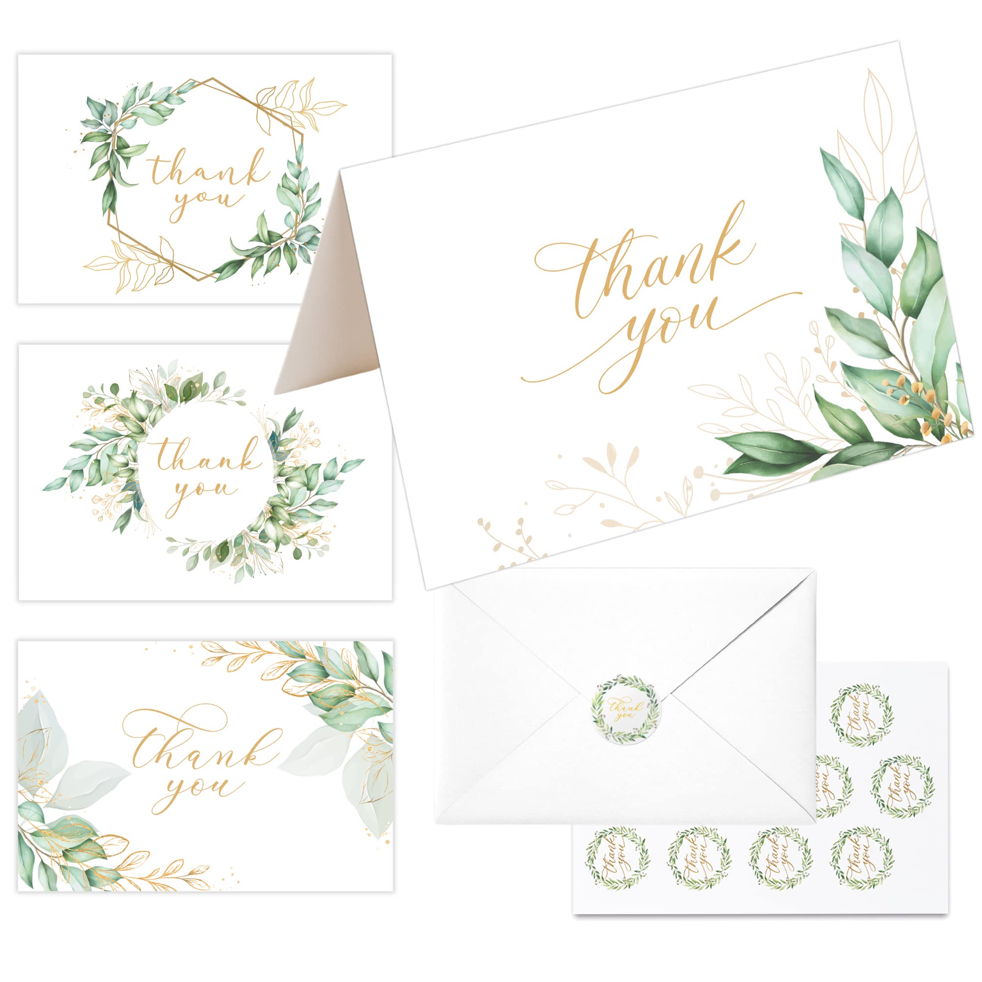 20 Eucalyptus Matt Gold Foil Greenery Thank You Cards with Envelopes & Stickers 4x6 Inch, Bulk Thank You Notes, Suitable for Business, Baby Shower,