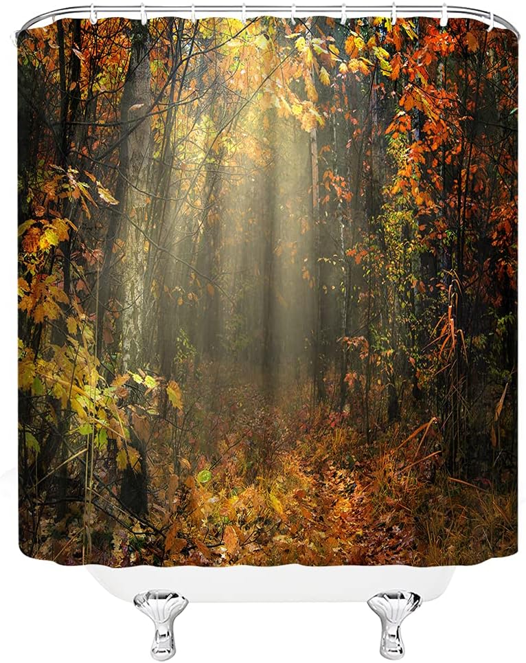 Fall Forest Shower Curtain Autumn Tree Sunshine Branches Fallen Leaves Mysterious Nature Plant Fabric Bathroom Decor Set with Hooks(70" Wx74.8 H)
