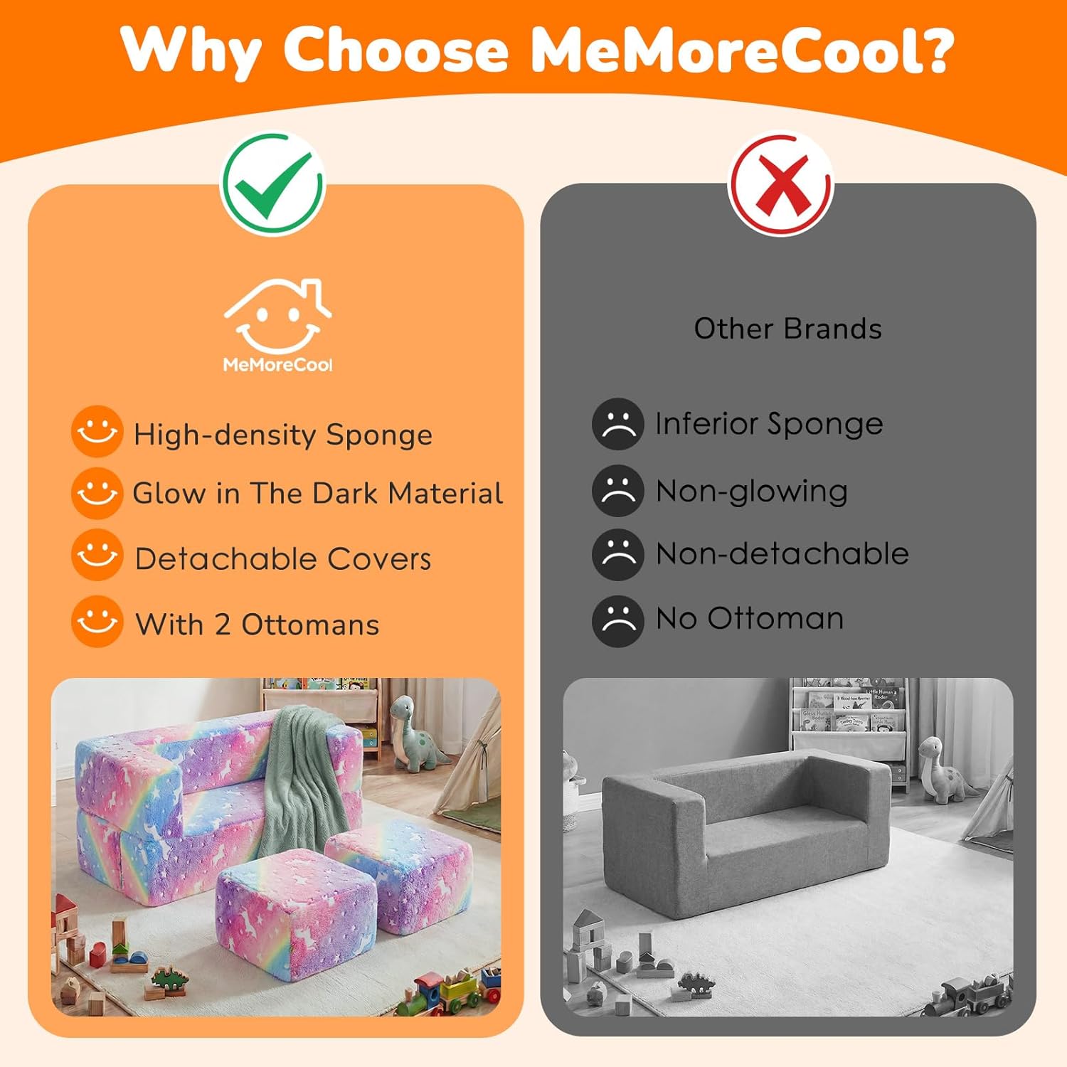 MeMoreCool Glow in the Dark Kids Couch – Modular Fold-Out Toddler Sofa (Rainbow) | Convertible Play Couch for Bedroom & Playroom; Chair, Bed, Fort or Ball Pit; Machine-Washable Velour Cover