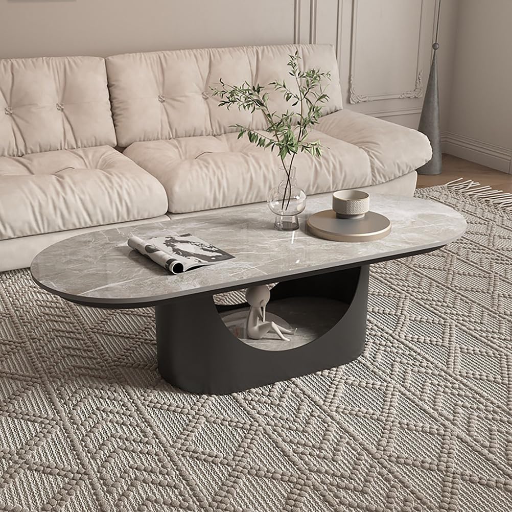 SXZenSpace Oval Coffee Table with Metal Base,39" Modern Marble Center for Living Room Storage Shelf Home Furniture,A,100x50x40cm(39x20x16inch)
