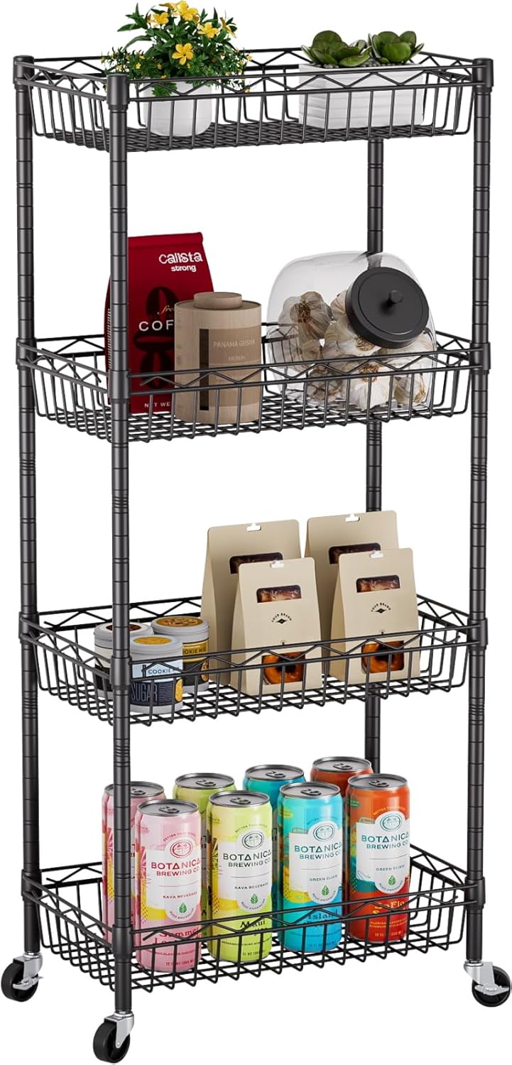 4 Tier Shelf Wire Shelving Unit Adjustable Storage Shelves Big Basket Rack Standing Units for Kitchen Closet Laundry Bathroom Organizers Metal Pantry Mesh 10″ D x 16″ W x 55″ H Black