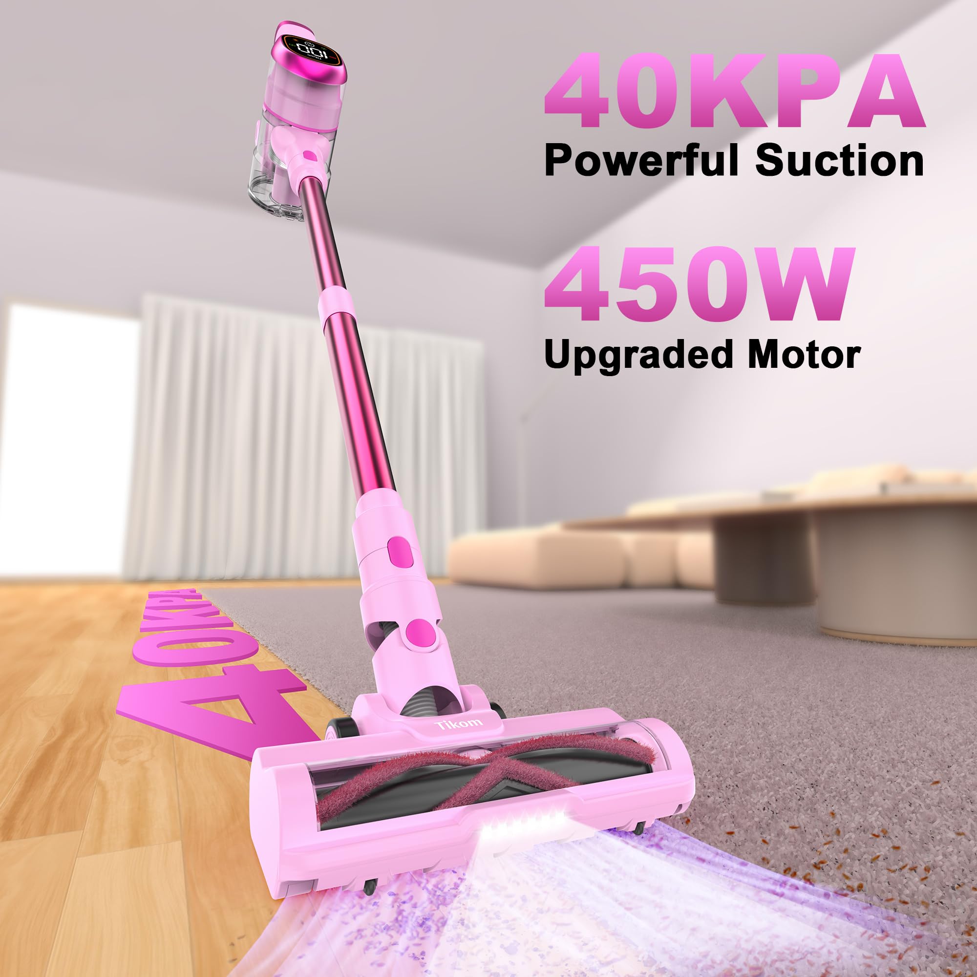 Tikom V500 Cordless Vacuum Cleaner for Home, 40000Pa/450W Stick Vacuum with LED Touch Screen, Charging Wall Dock, Anti-Tangle, Lightweight Handheld Vacuum for Pet Hair, Hard Floor, Carpet view 2