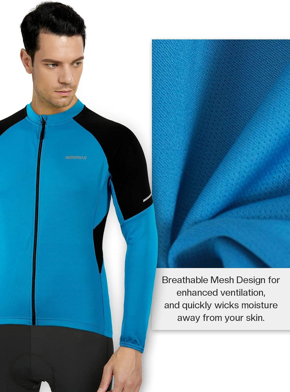 BERGRISAR Men's Basic Cycling Jerseys Long Sleeves Bike Bicycle Shirt Zipper Pockets BG012 - Image 2