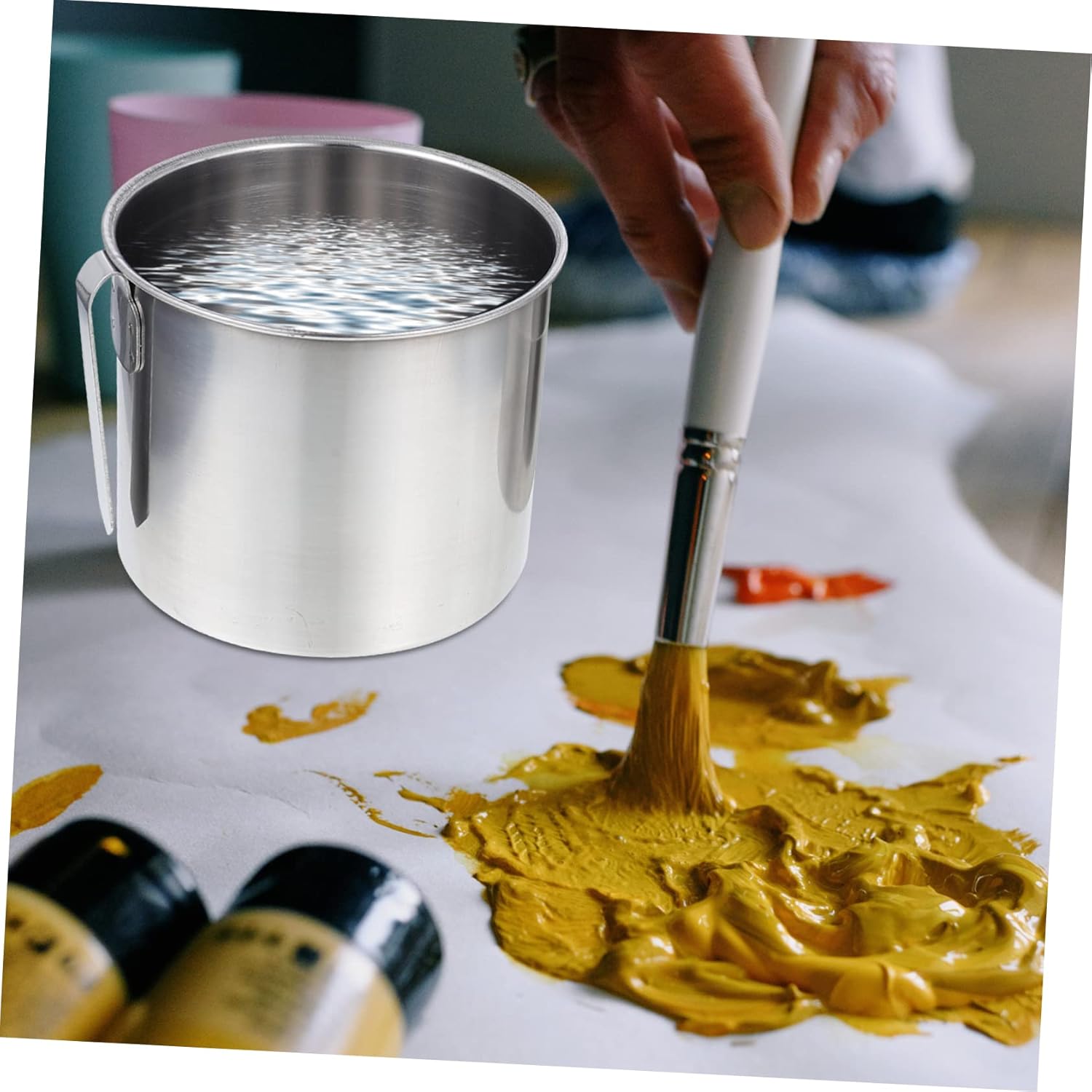 Homoyoyo Stainless Steel Brush Washing Container for Oil Painting Lightweight Pen Cleaning for Watercolor and Gouache Portable and Easy to Store