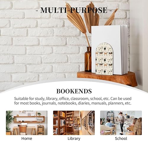 Miniatura 7 de Book Ends for Shelves 1 Pair - Cute Cow Retro Print Wood with Metal Base Bookends for Heavy Books, Book Stand Organizer Holder for Books Movies Cds