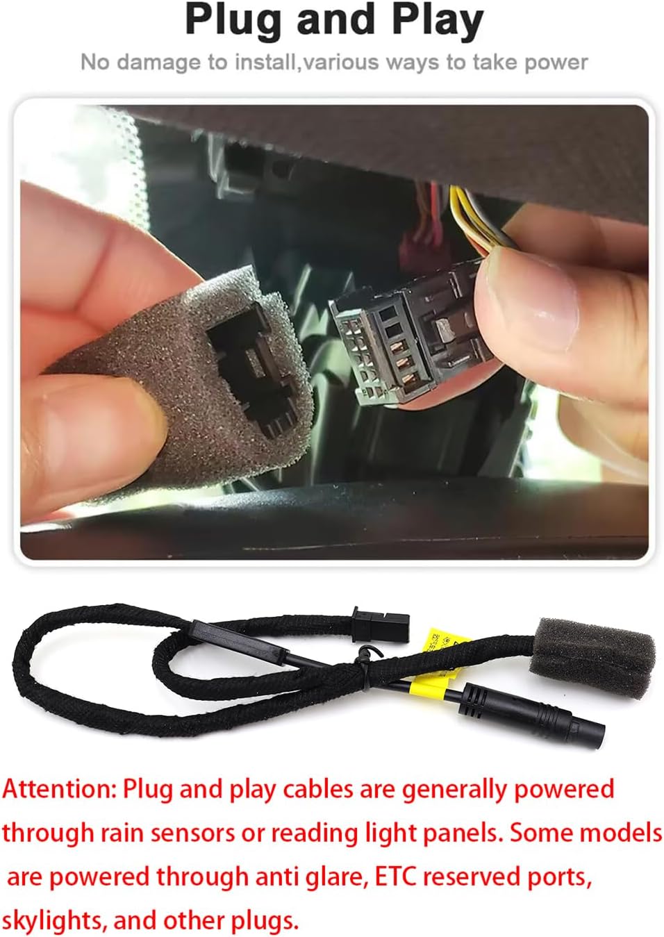 Close-up image demonstrating the plug and play connection process, showing a cable being connected to a car's existing wiring harness.