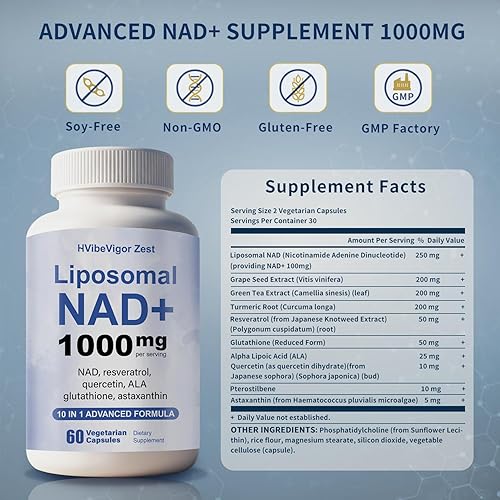 Miniatura 2 de HVibeVigor Zest Suplemento liposomal NAD+ de alta pureza de 1000 mg  Fórmula 10 en 1 con alternativa a NMNH, resveratrol, ALA, glutatión  para