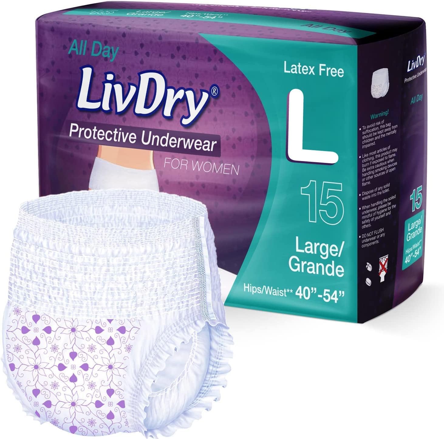 Livdry Adult Diapers for Women, Premium Incontinence Underwear, Comfortable and Absorbent for All Day or Overnight Protection - Large (15 Count)