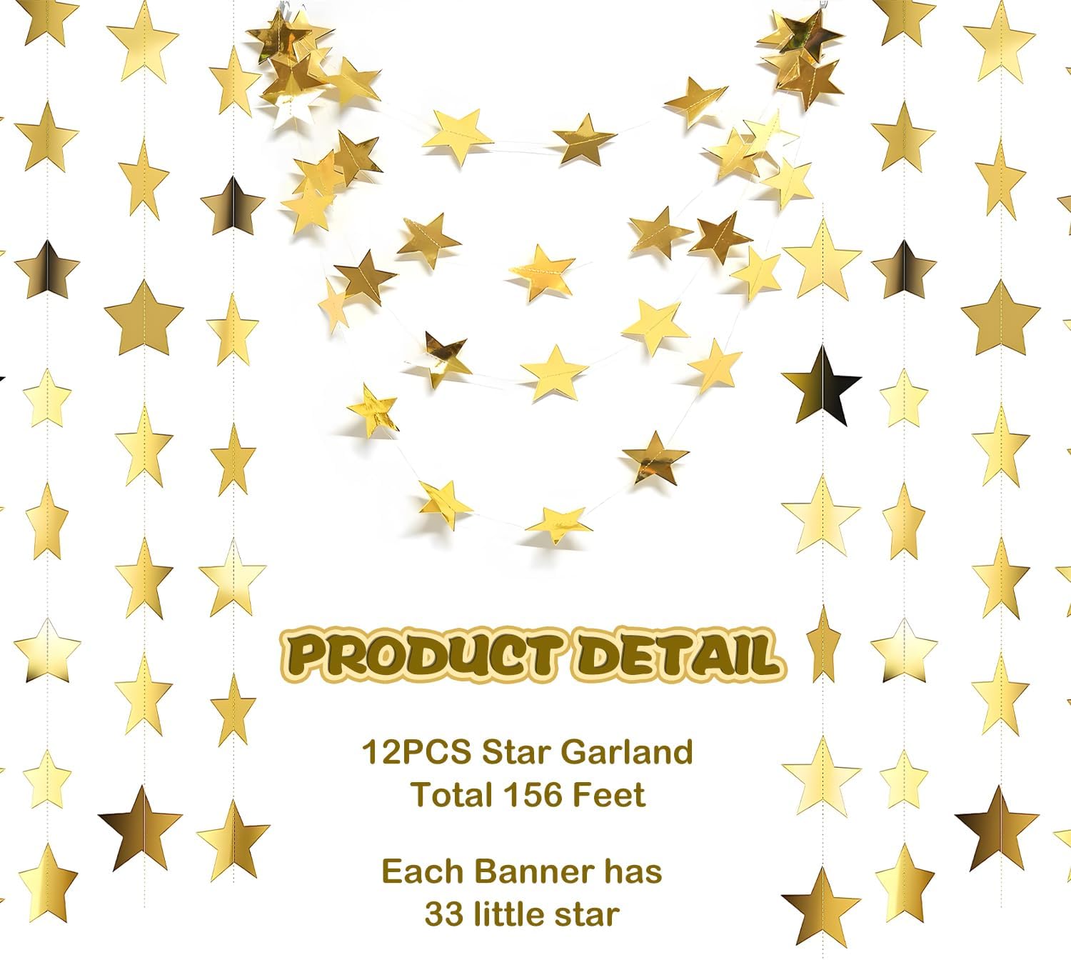 158 Feet 12 PCS Glitter Gold Star Garland Banner Decoration, Reflective Sparkle Little Star Paper Hanging Decor Double Side Star Streamer Bunting for Party Wedding Christmas Birthday Festival image 3