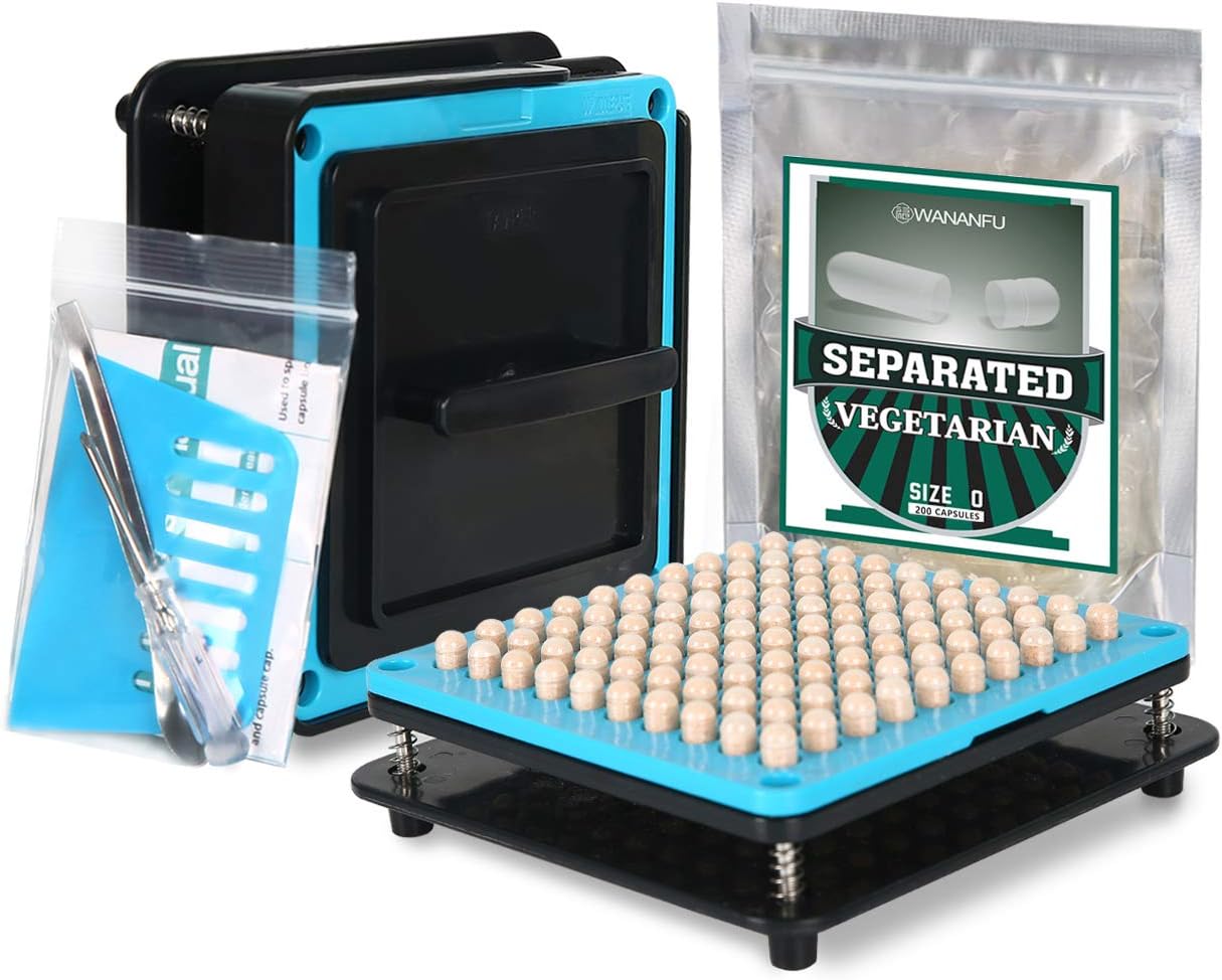 Wananfu Capsule Filling Machine Size 0 Bundle with 200 Count Separated Empty Vegetarian Capsules Size 0, Including Detailed Instructions, Spoon and Screwdriver