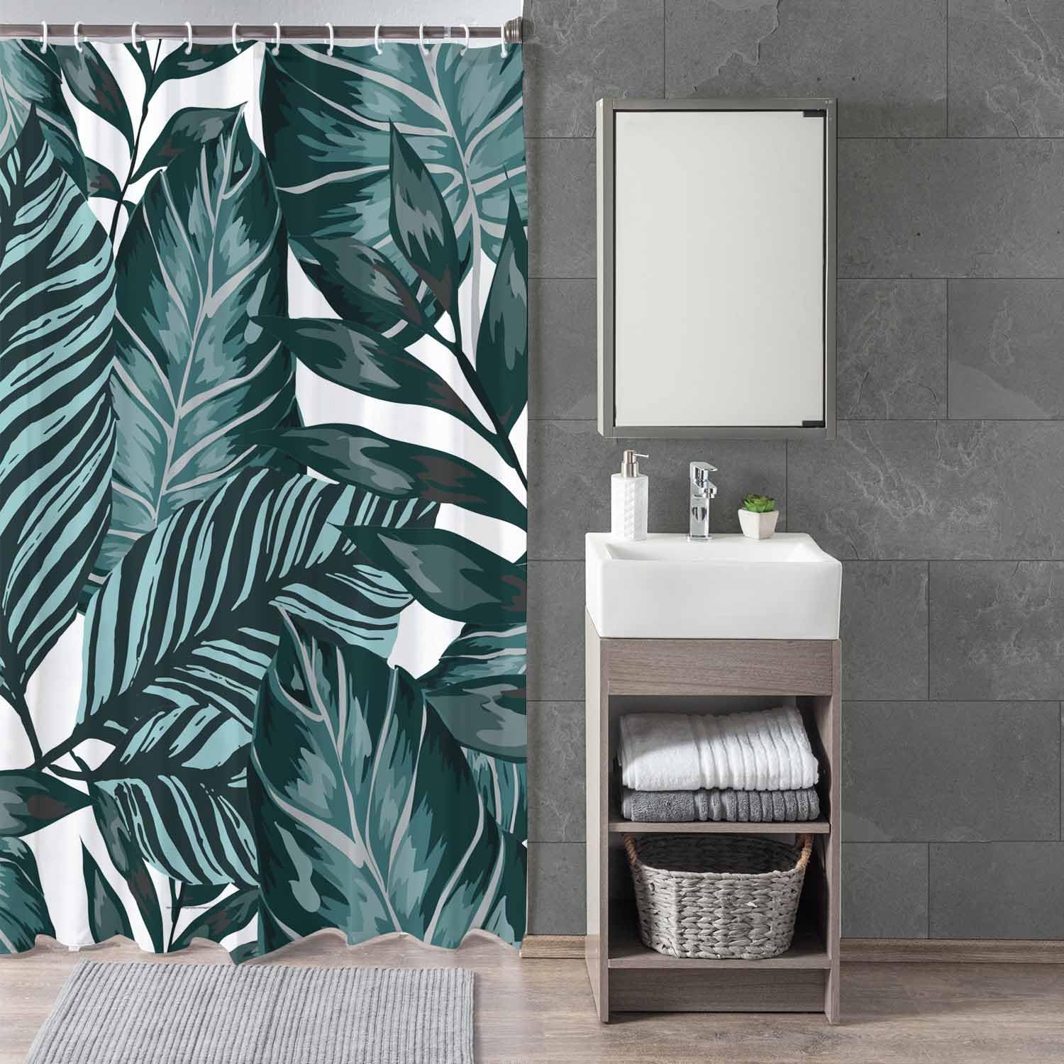 Woutay Shower Curtain Mould Proof Resistant Watercolor Tropical Palm Leaves,Water Repellant Fabric,Polyester,Size 180x180CM - Image 3