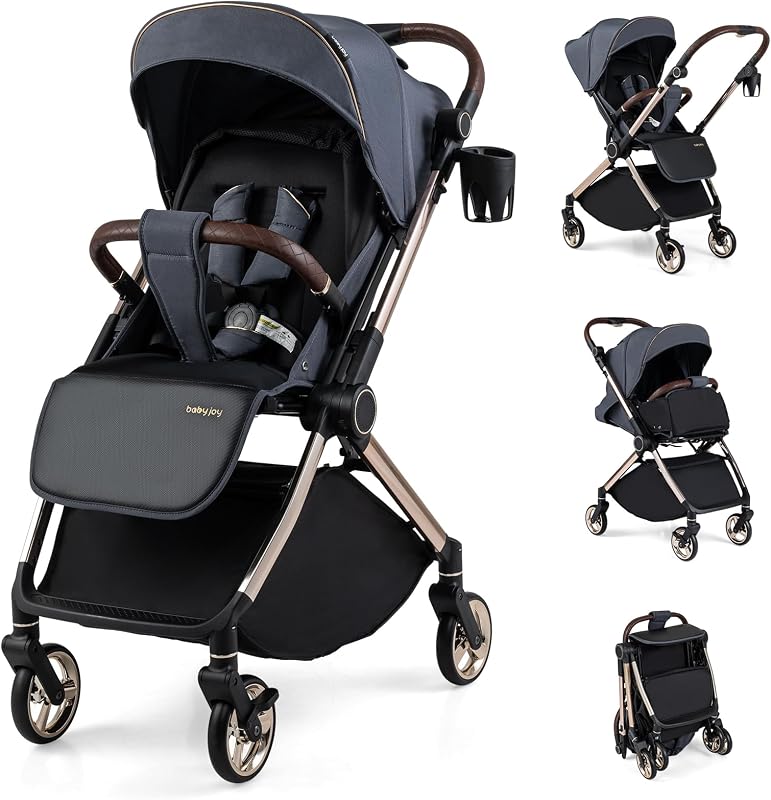 Baby Stroller with Reversible Handle & Easy One-Hand Fold | Compact Travel Stroller with Adjustable Backrest, Canopy, Cup Holder & Storage Basket for Newborn Toddlers